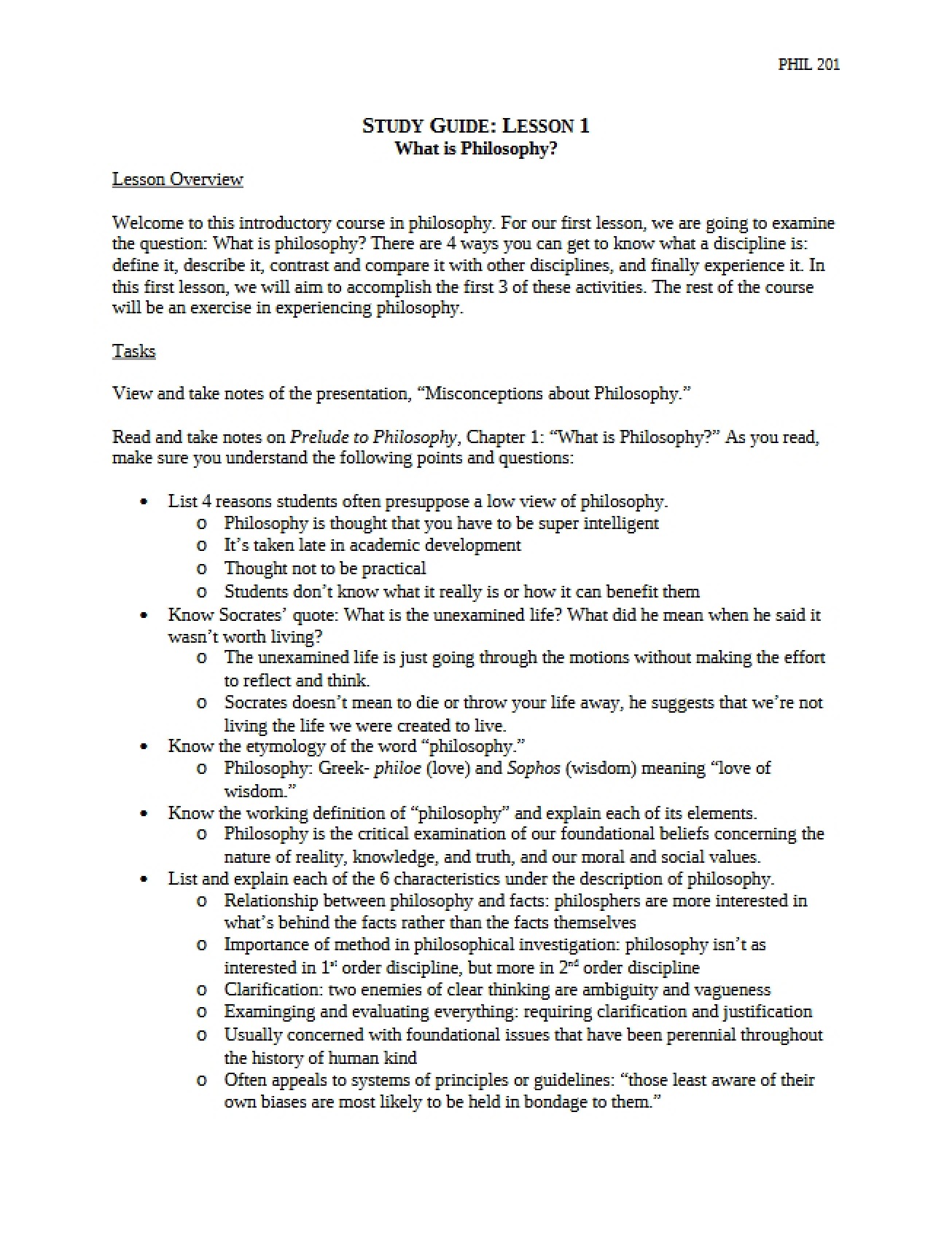 First Lesson Study Guide for Philosophy Class
