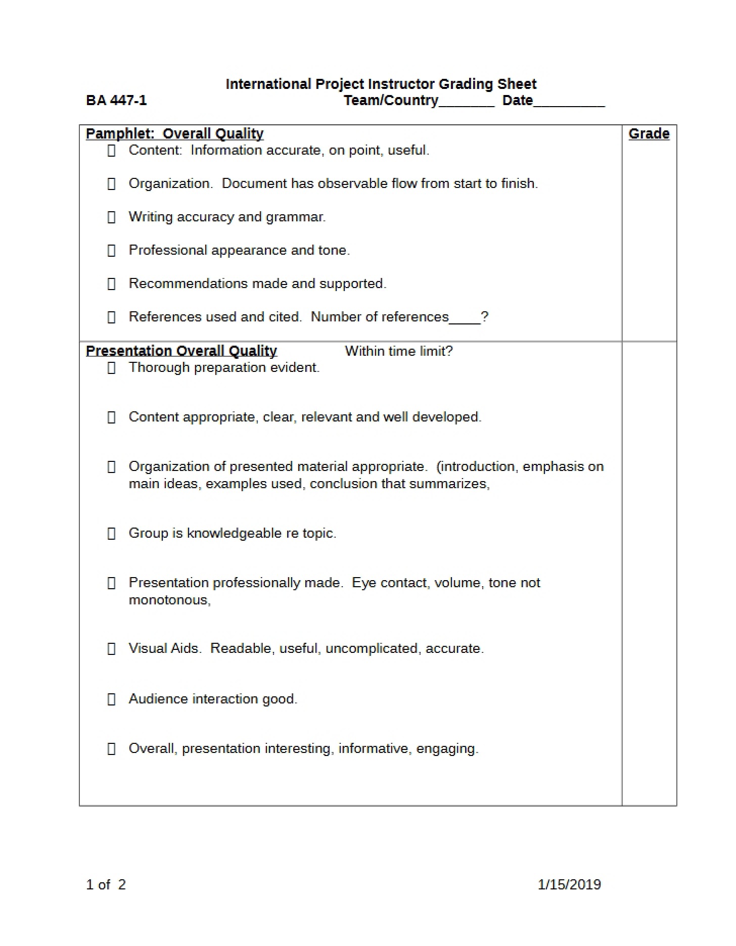 Instructor Grading Sheet for International Project