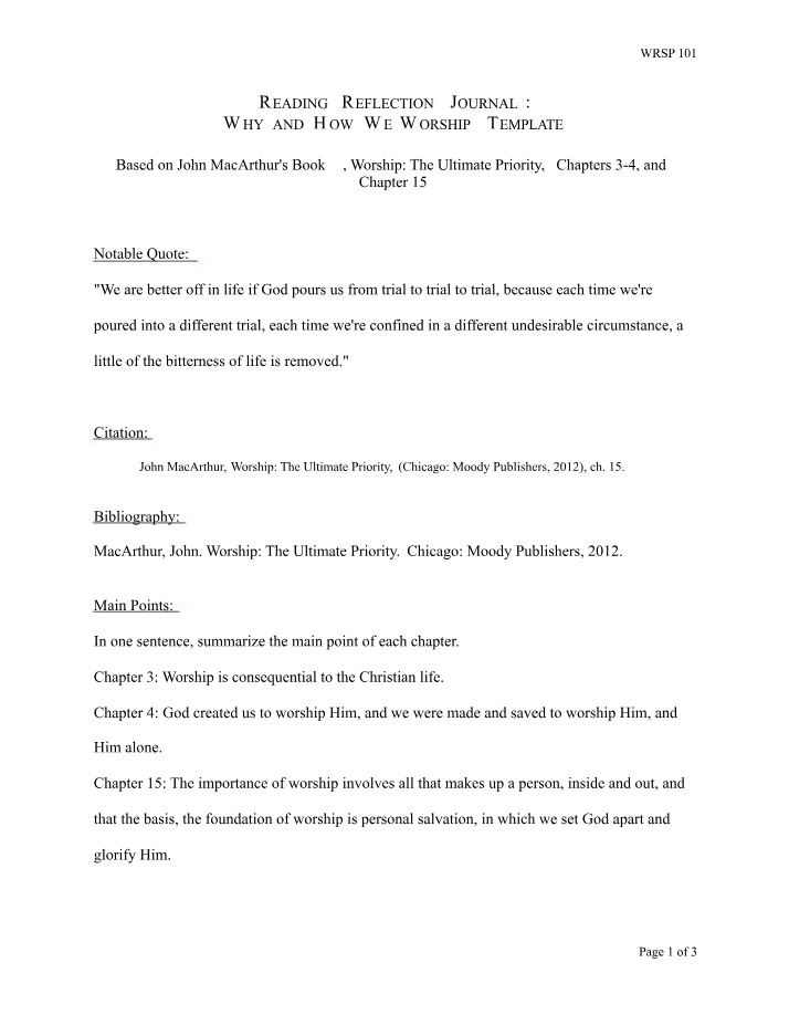 Worship Insights Reading Reflection Journal