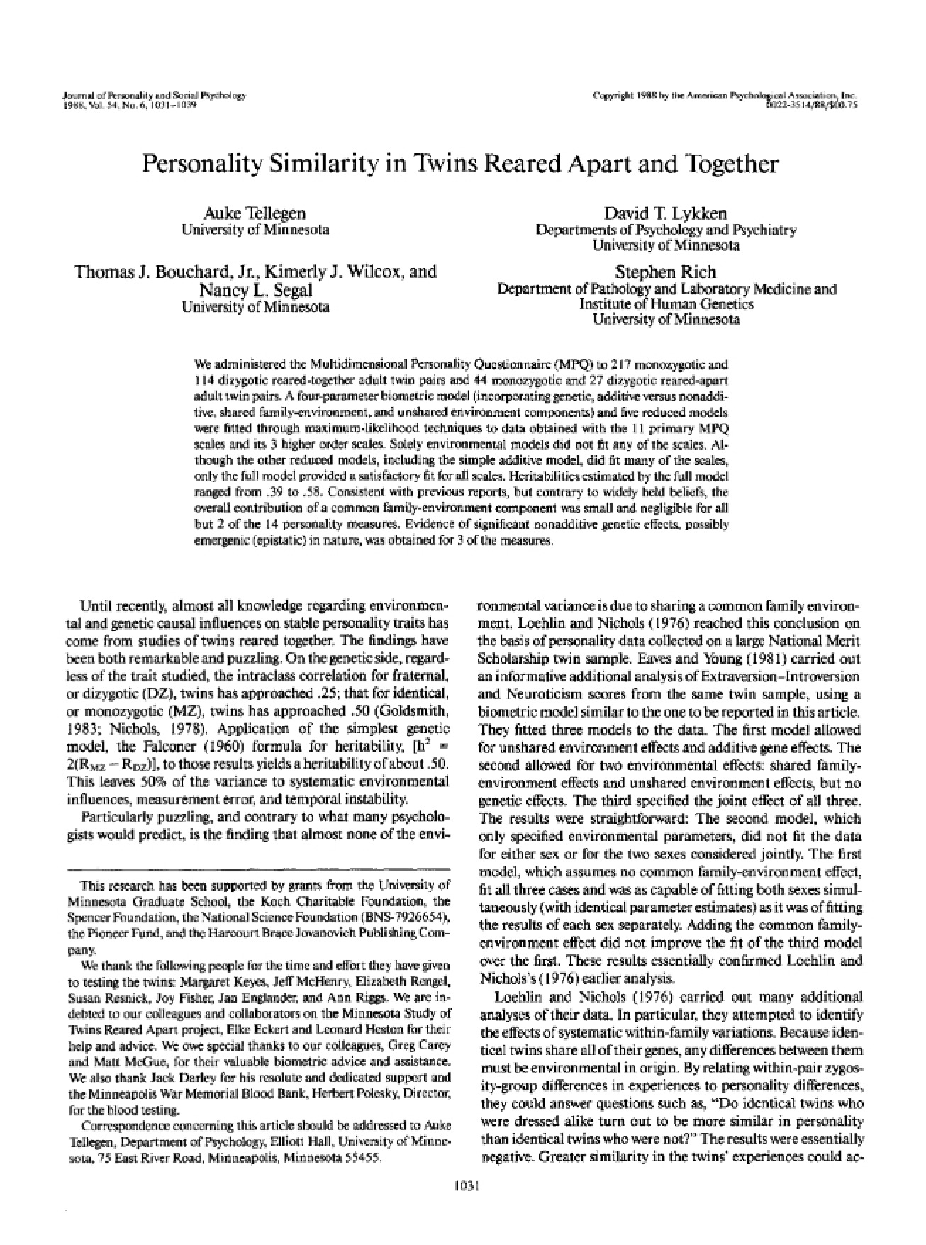 Twins Reared Apart and Together Personality Similarity