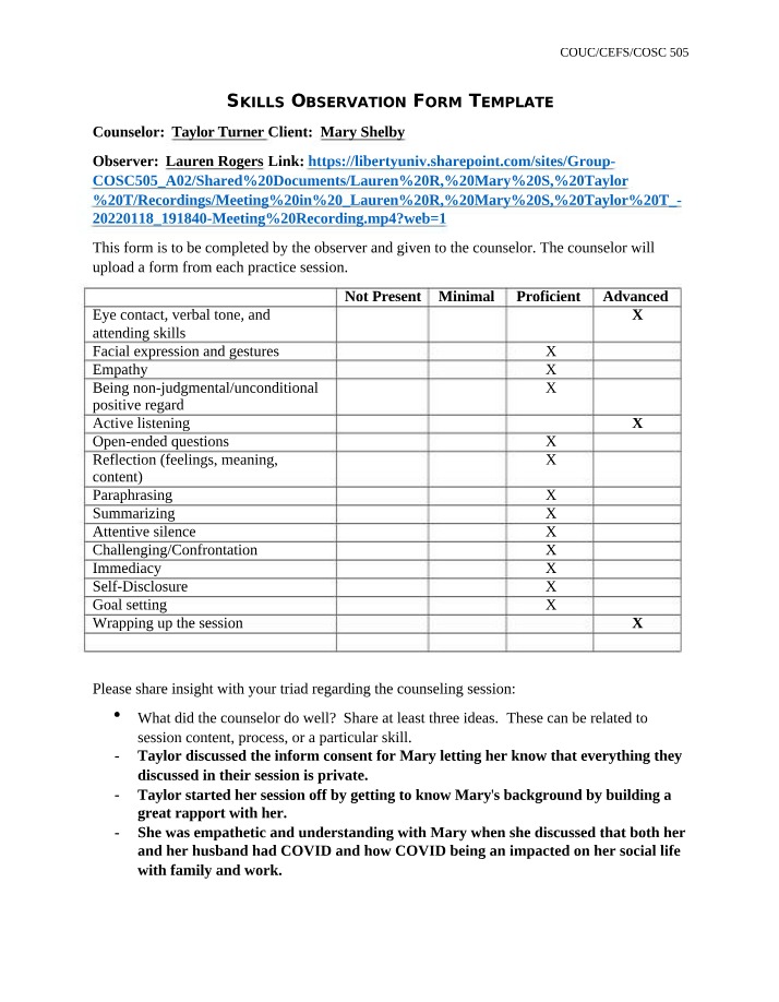 Week 1 Skills Observation Form