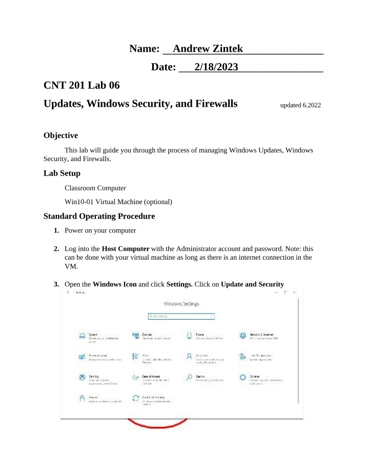 CNT 201 Lab 06 - Windows Security, Firewalls, and Updates