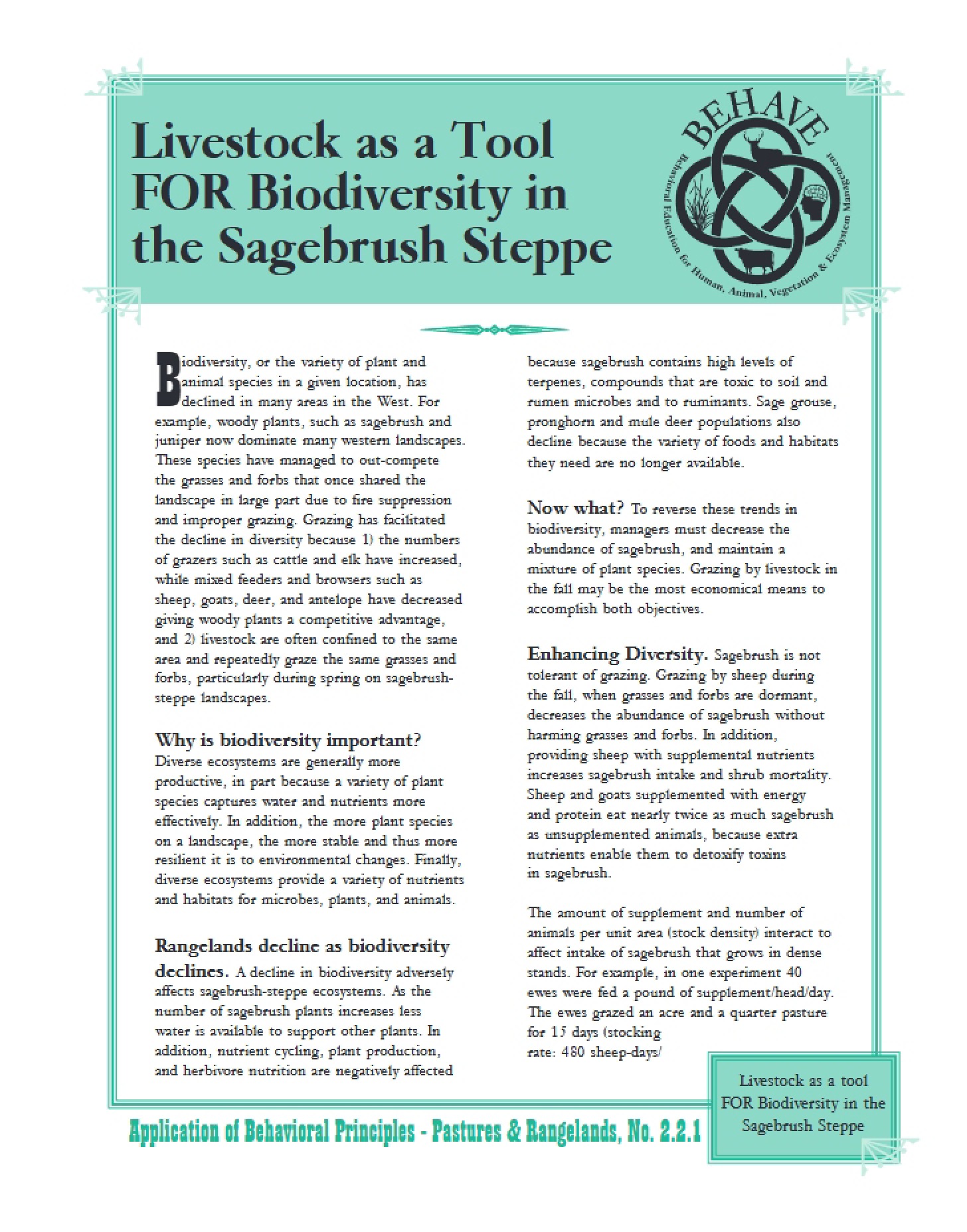 Sagebrush Steppe Biodiversity Livestock Tools