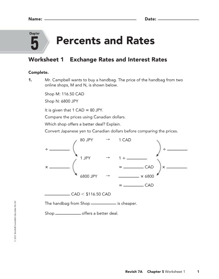 Chapter 5 Worksheet - Percents, Interest Rates, and Exchange Rates
