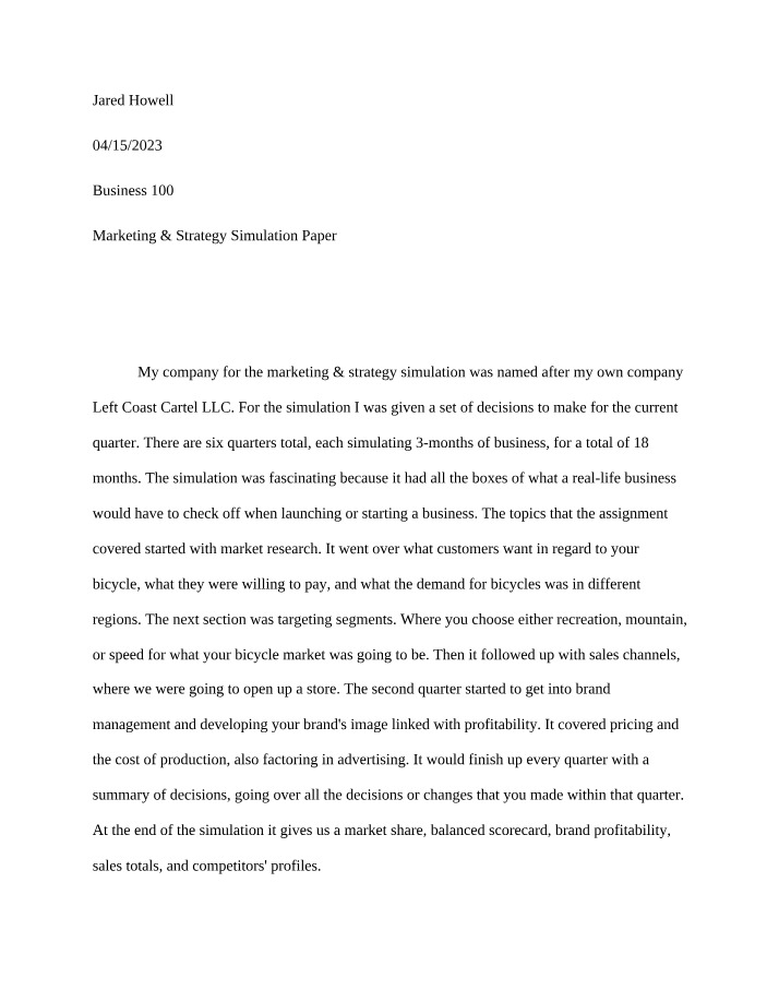 Simulation Paper for Marketing and Strategy