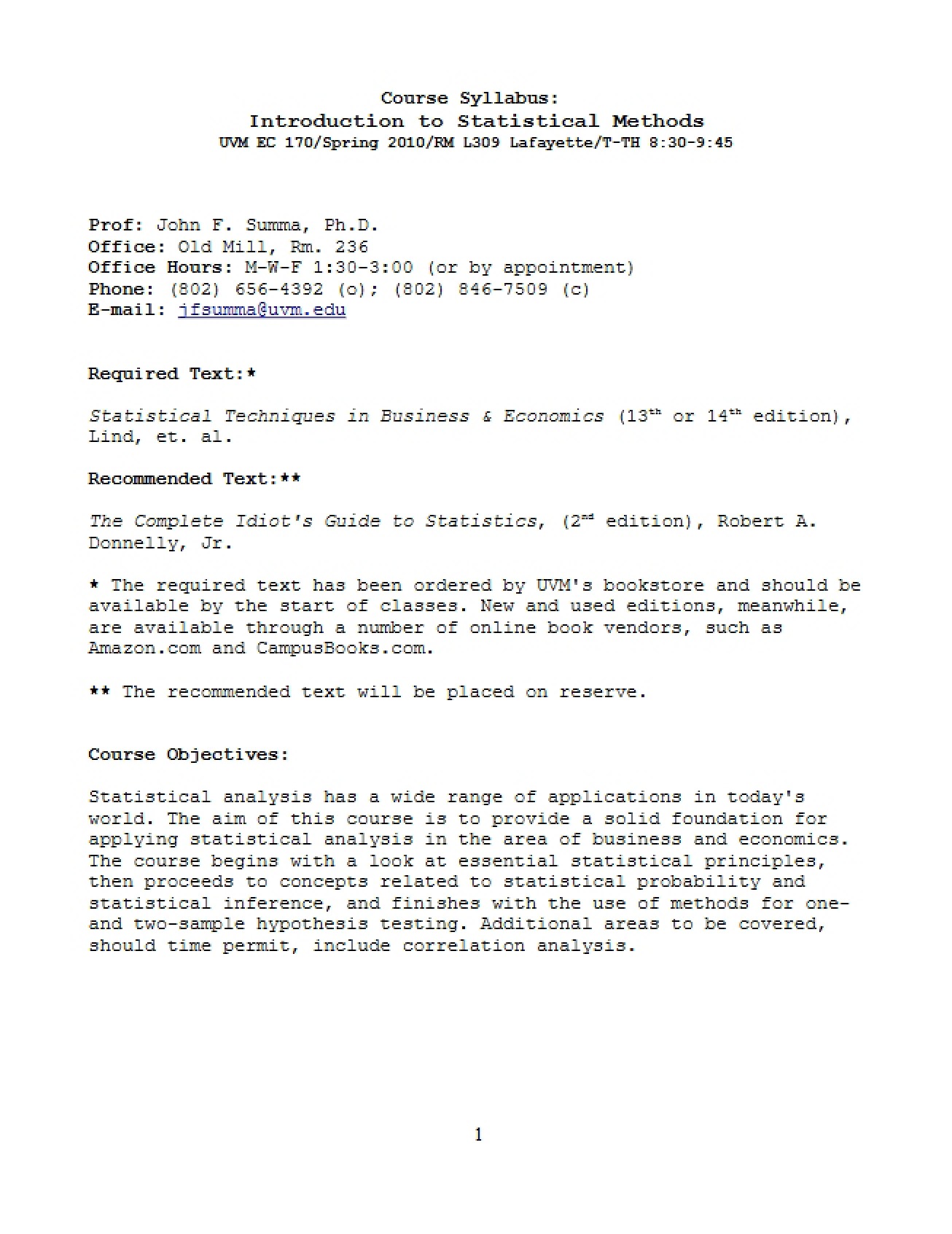 Economic Methods Course Syllabus