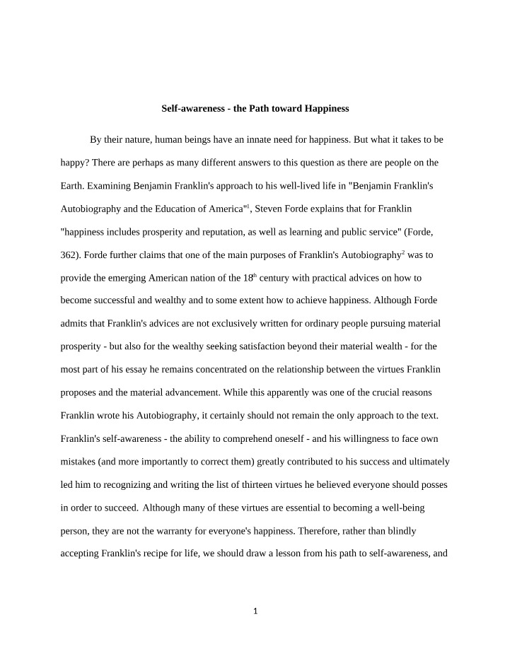 Self-Awareness and Happiness in Benjamin Franklin's Autobiography