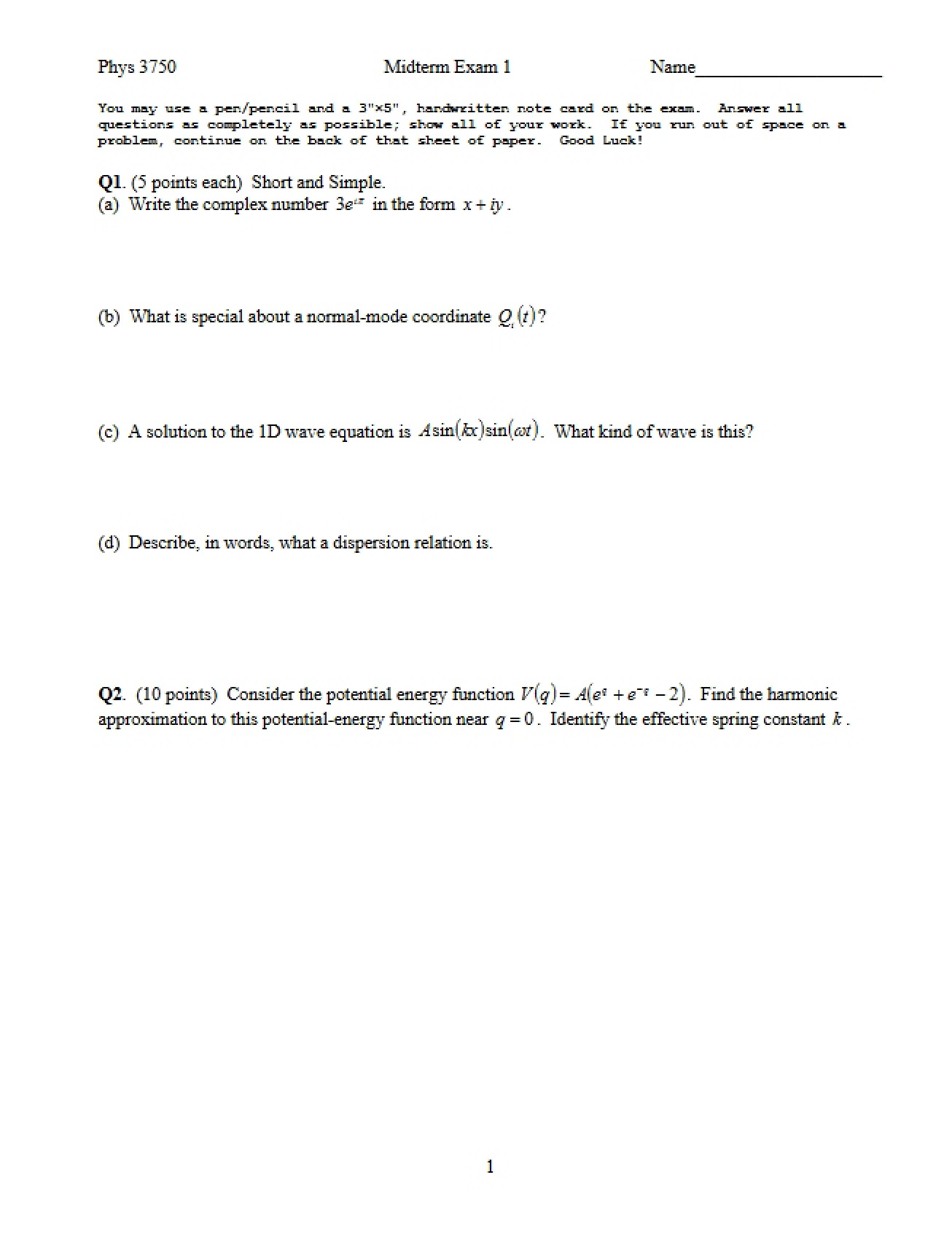 Exam I for PHYS 3750