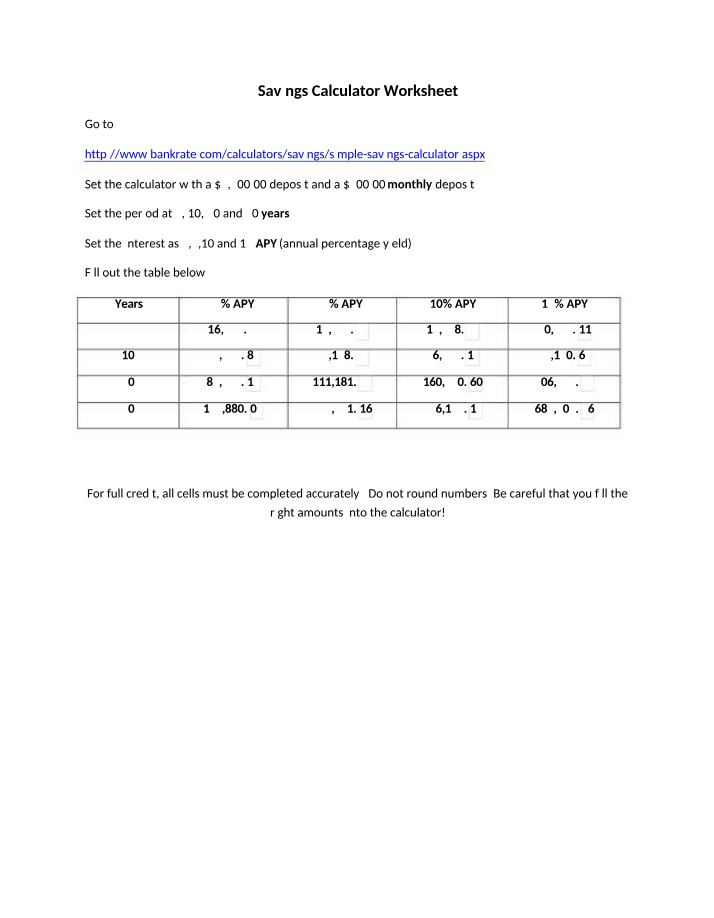 Worksheet for Savings Calculator