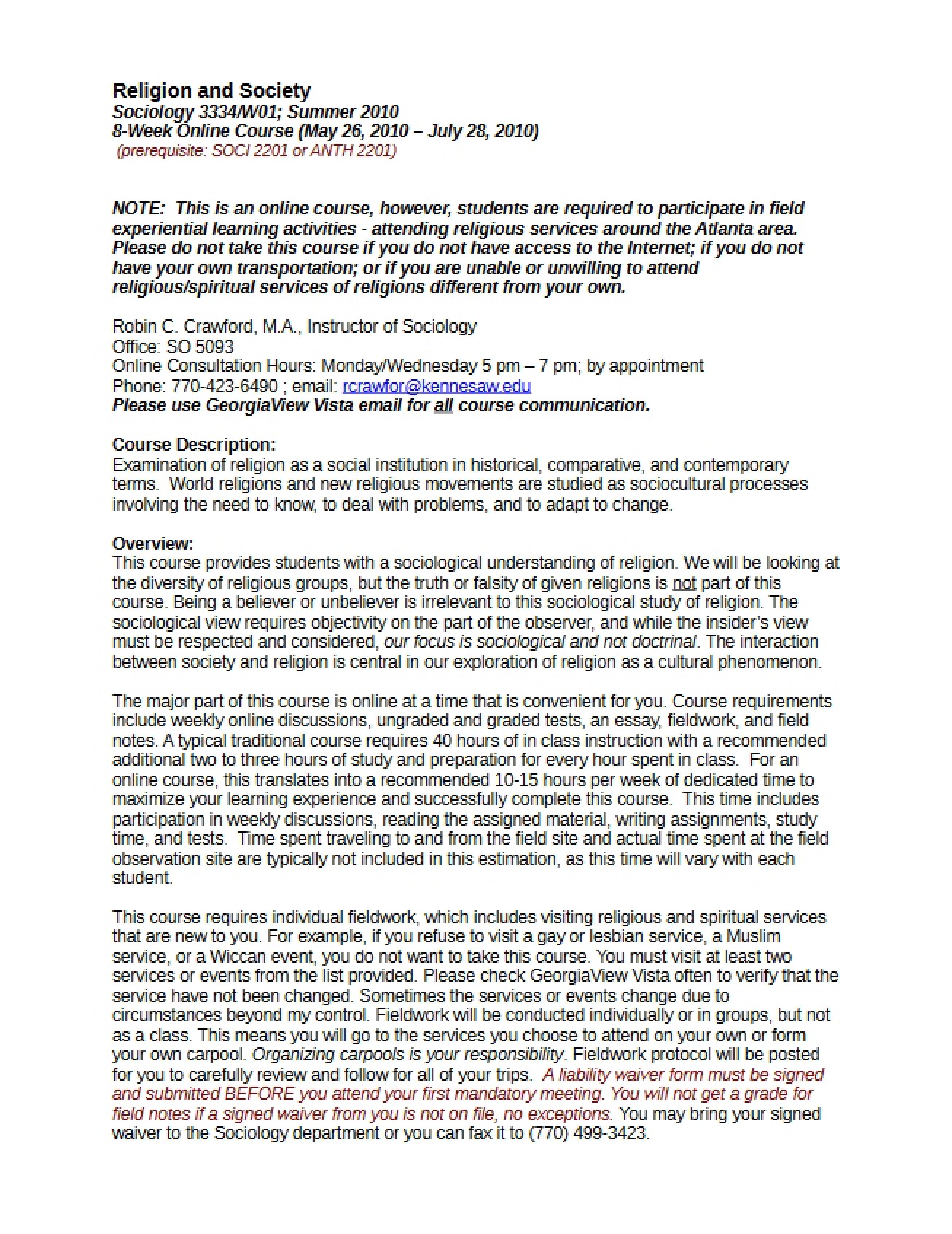 Course Requirements Religion and Society