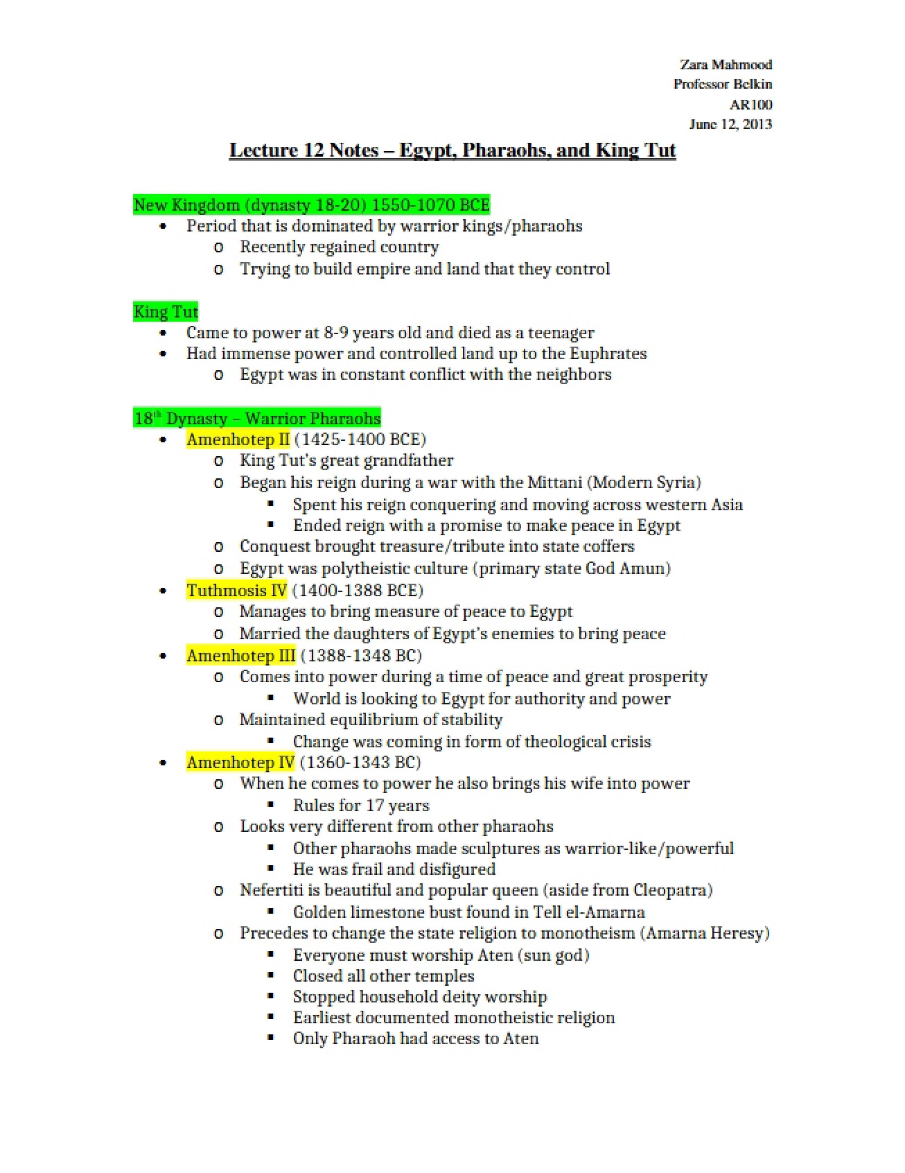 Lecture Twelve Egypt, Pharaohs, and King Tut