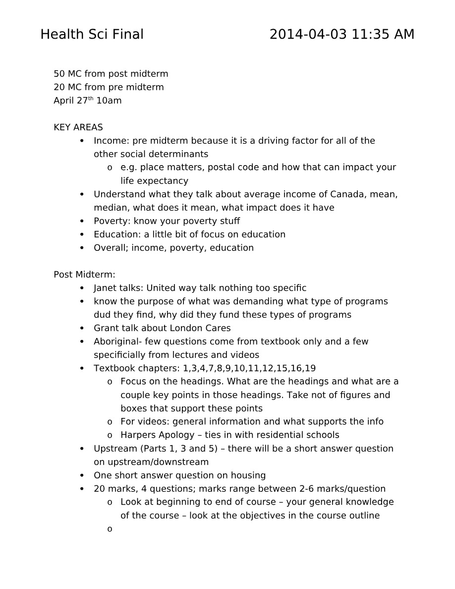 Health Sciences - Final Exam