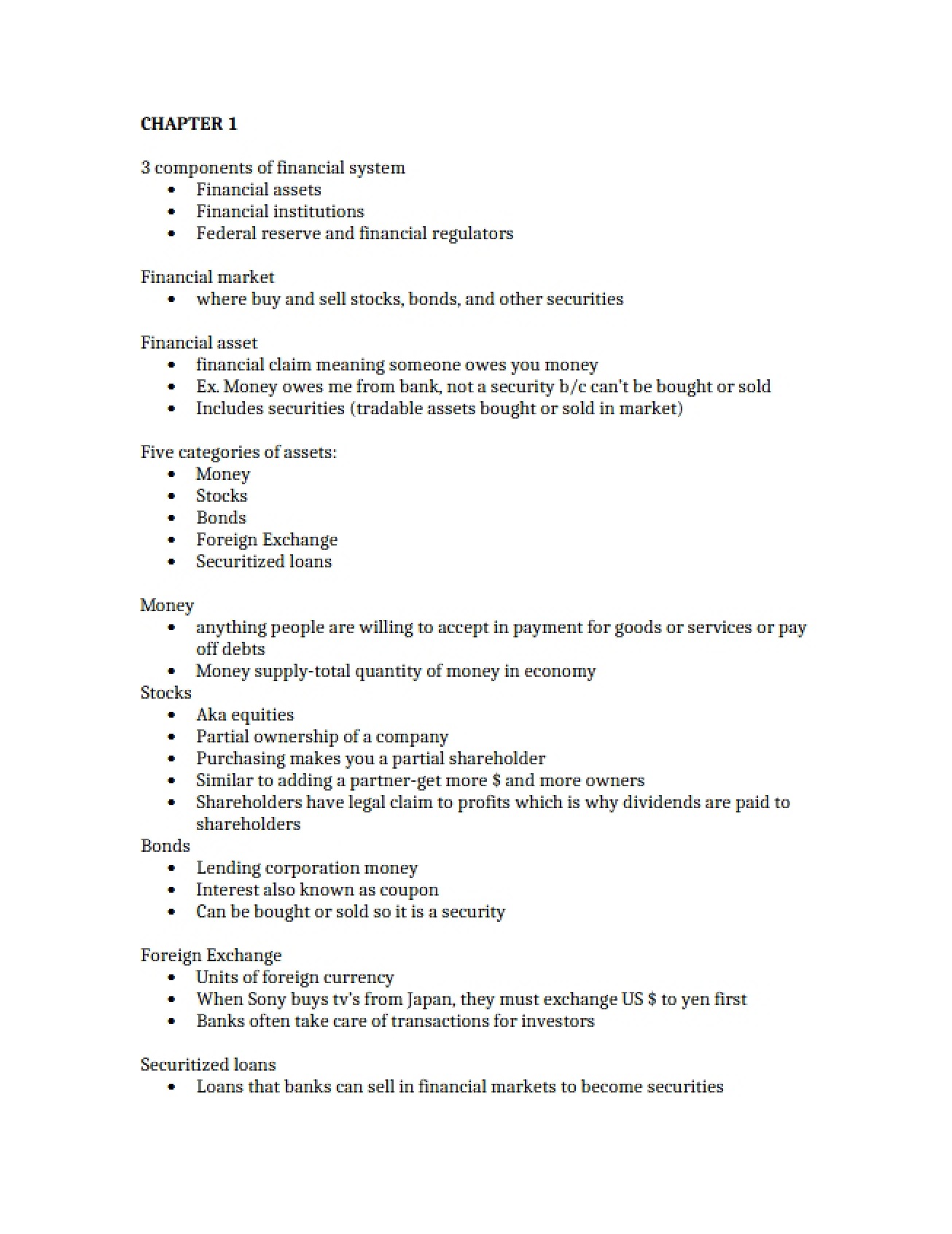First Chapter Notes on Financial Markets