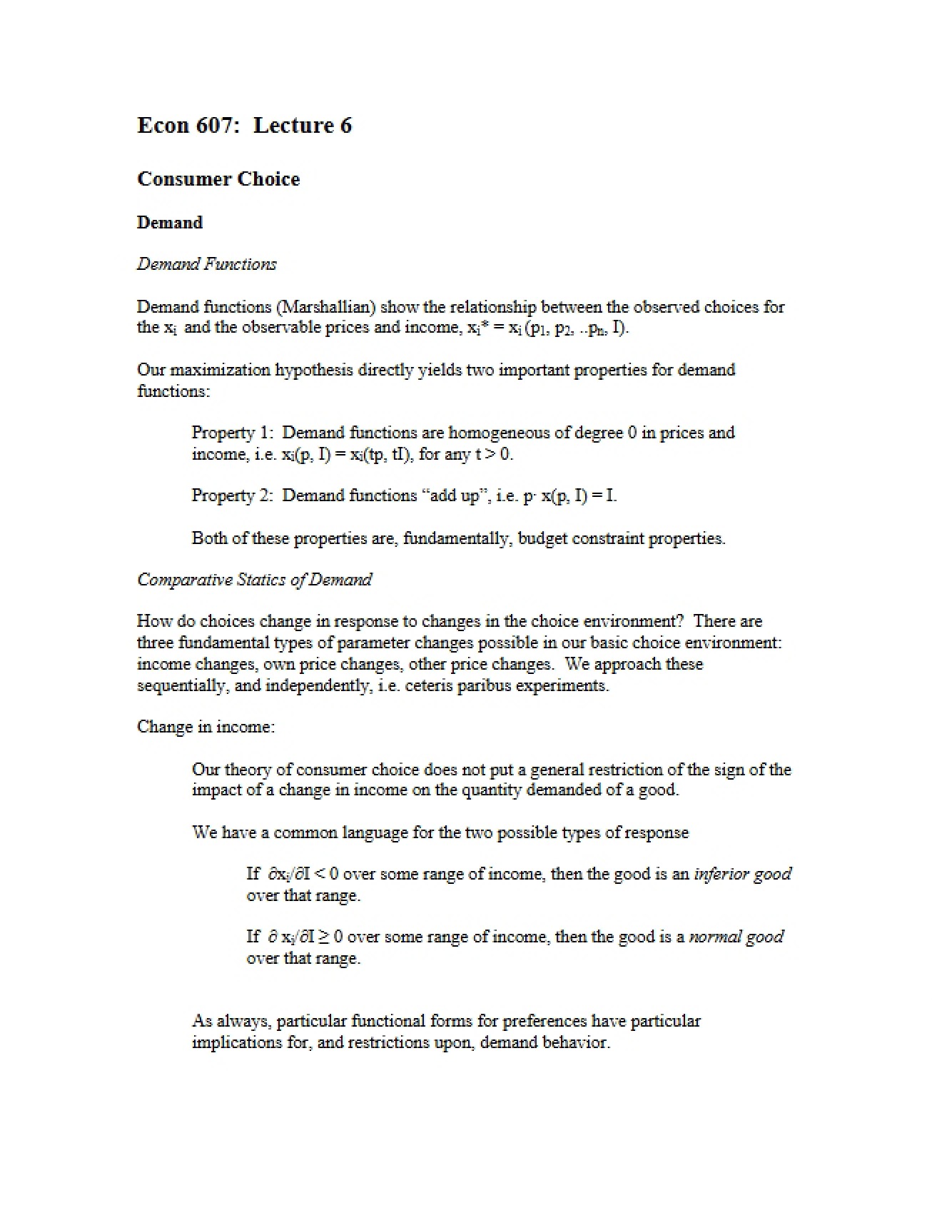 Lecture Notes for the Sixth Lecture on Foundations of Microeconomic Theory
