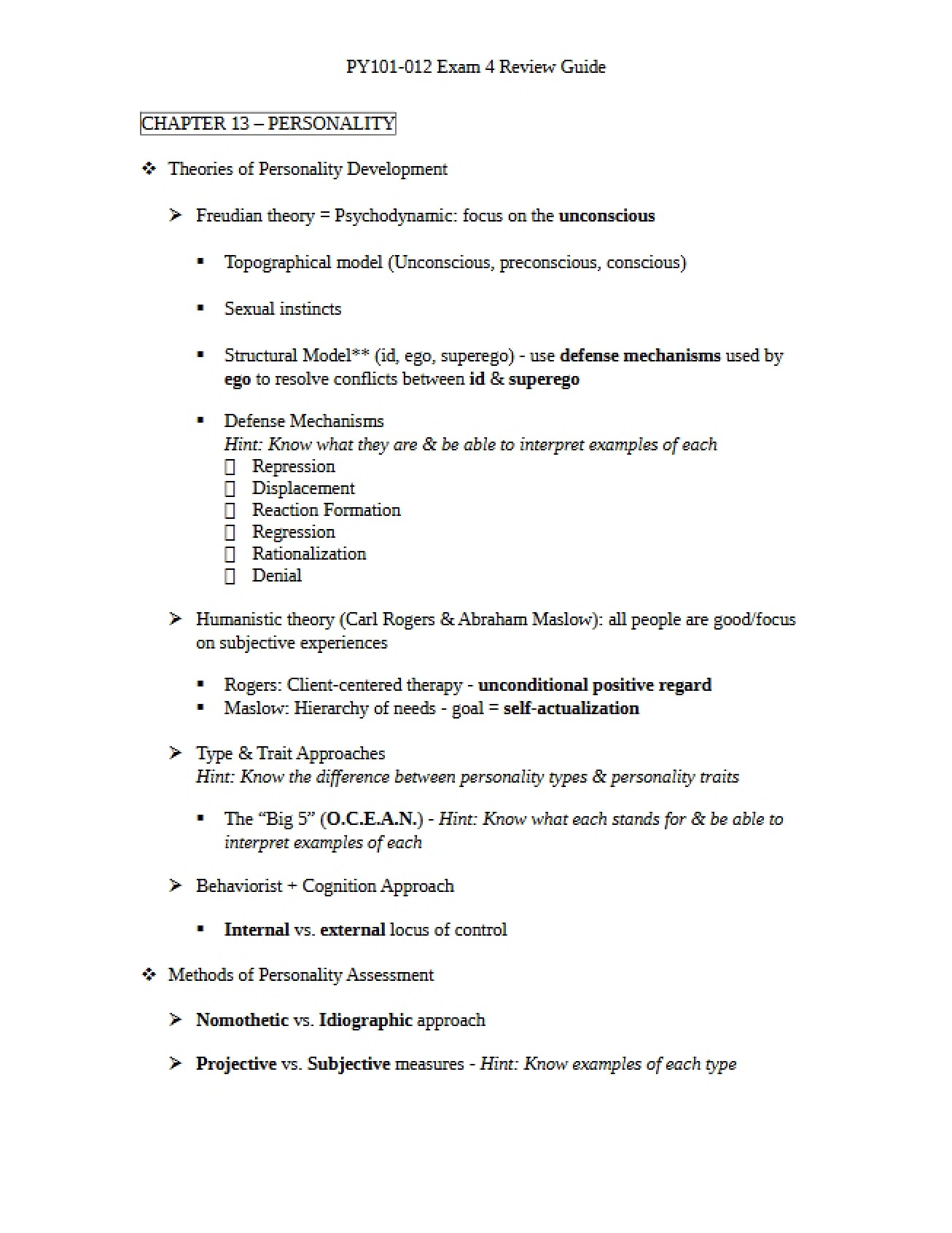 General Psychology Review Sheet