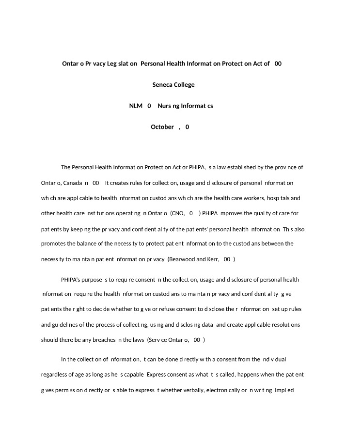 Ontario Privacy Legislation PHIPA 2004 Final