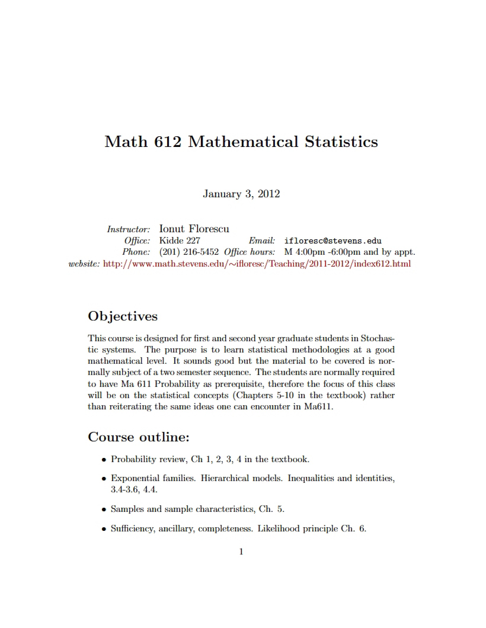 Math Statistics Course Outline