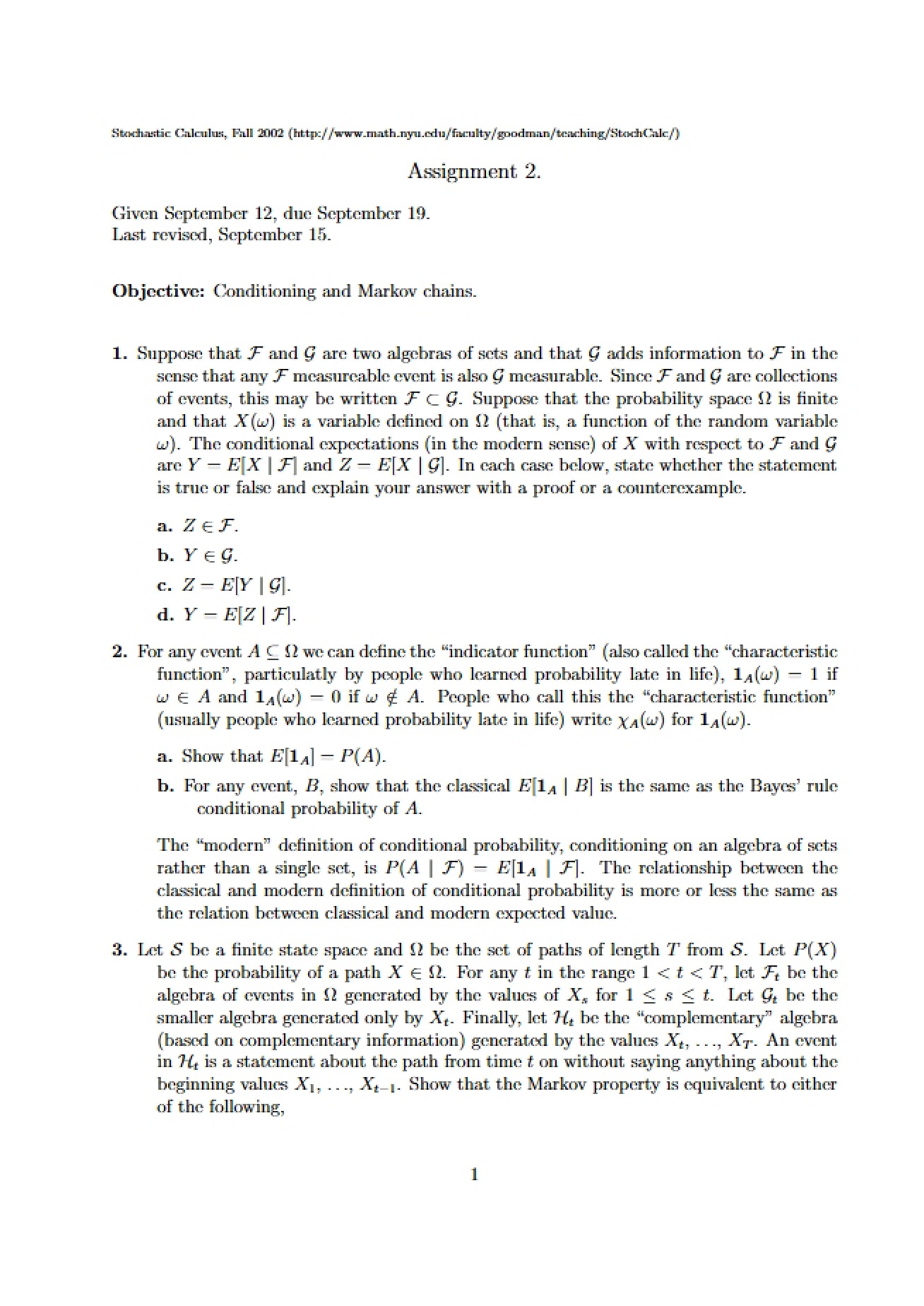 Assignment on Stochastic Calculus