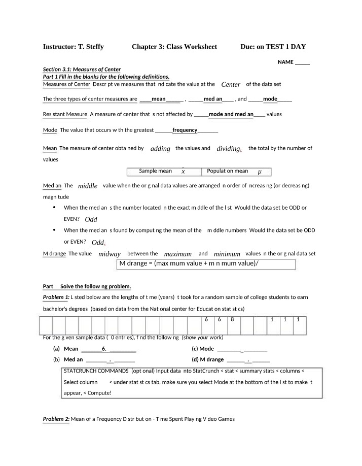 Class Worksheet for Chapter 3