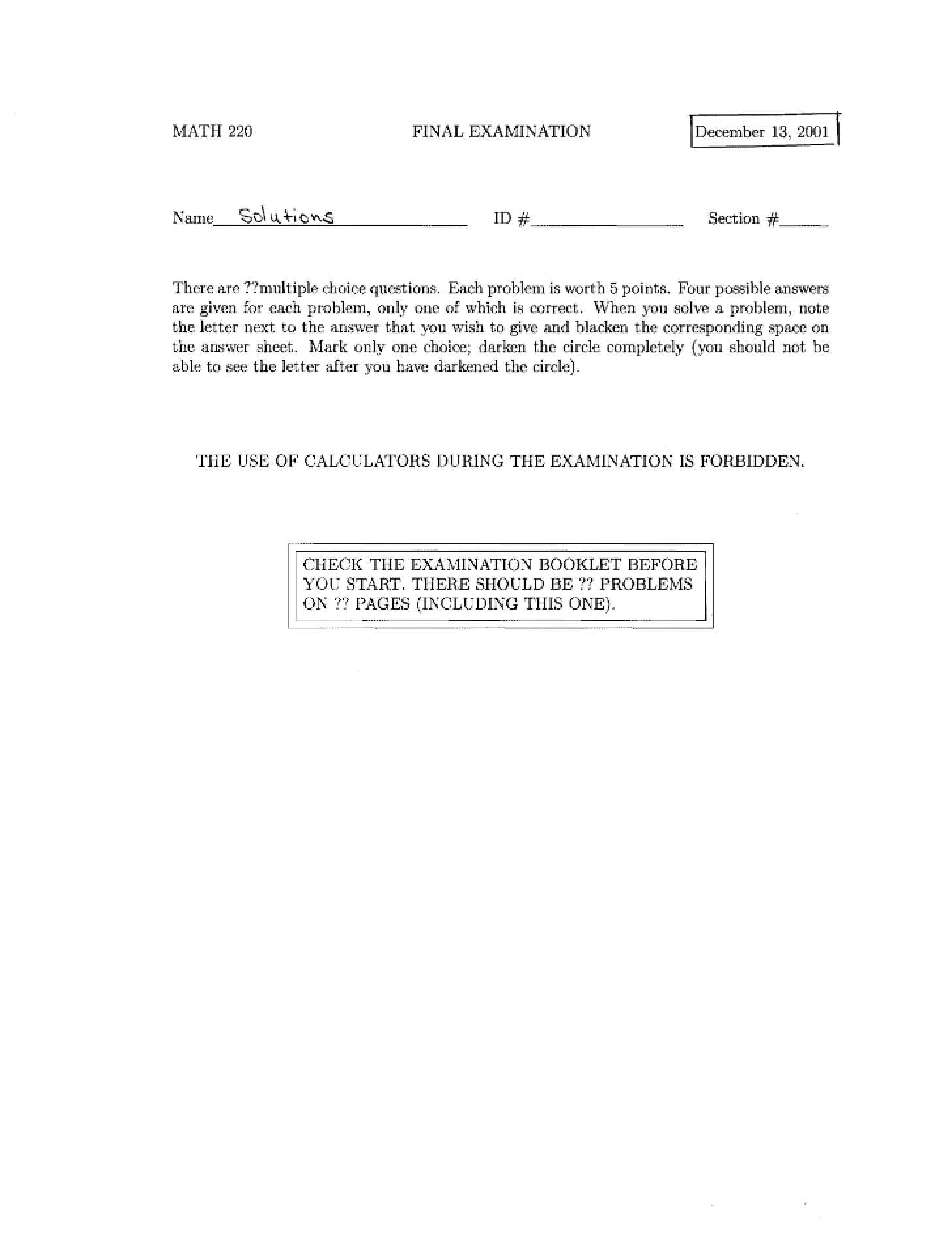 Final Exam Keys Fall 01 Math 220