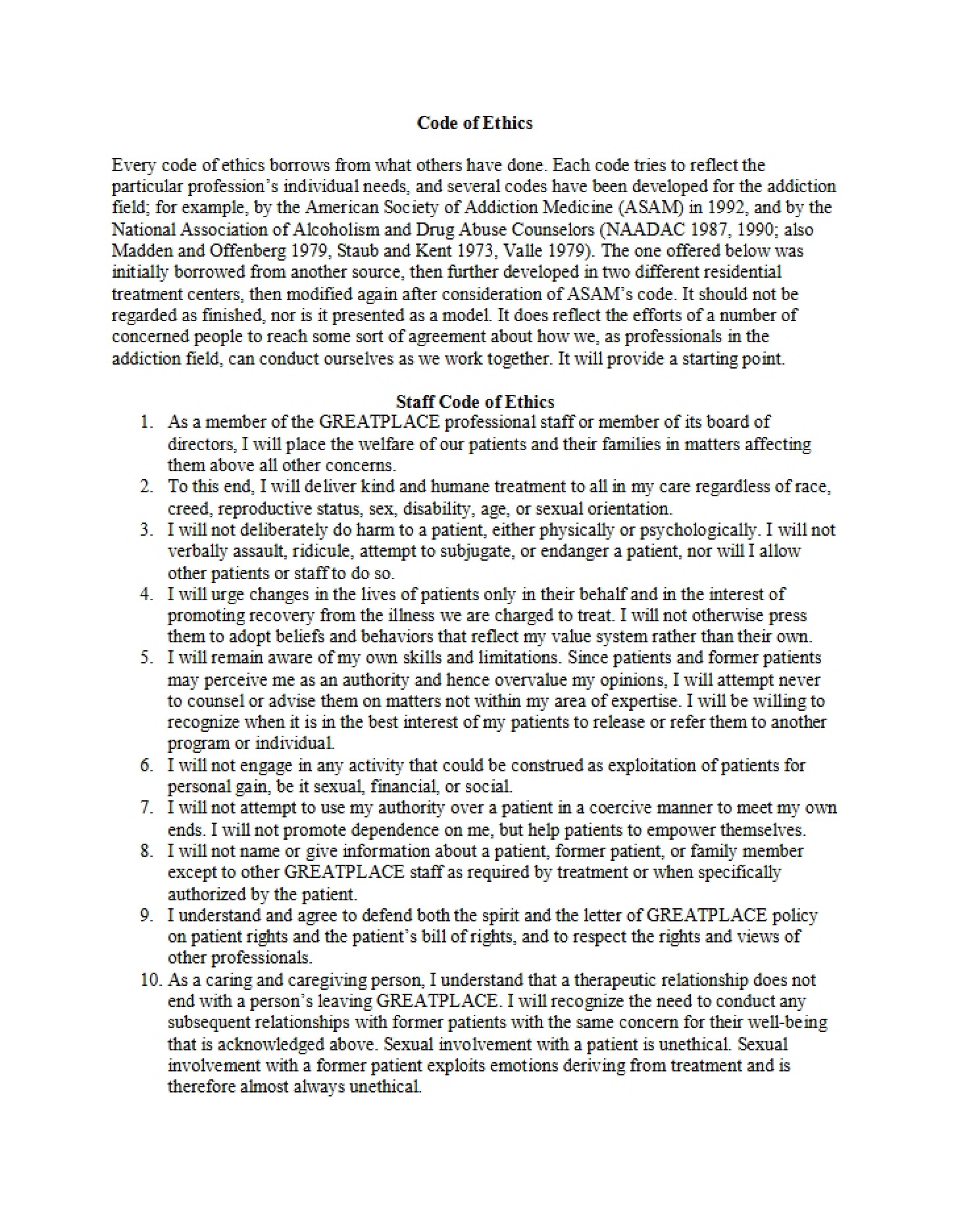 Ethical Code for Staff