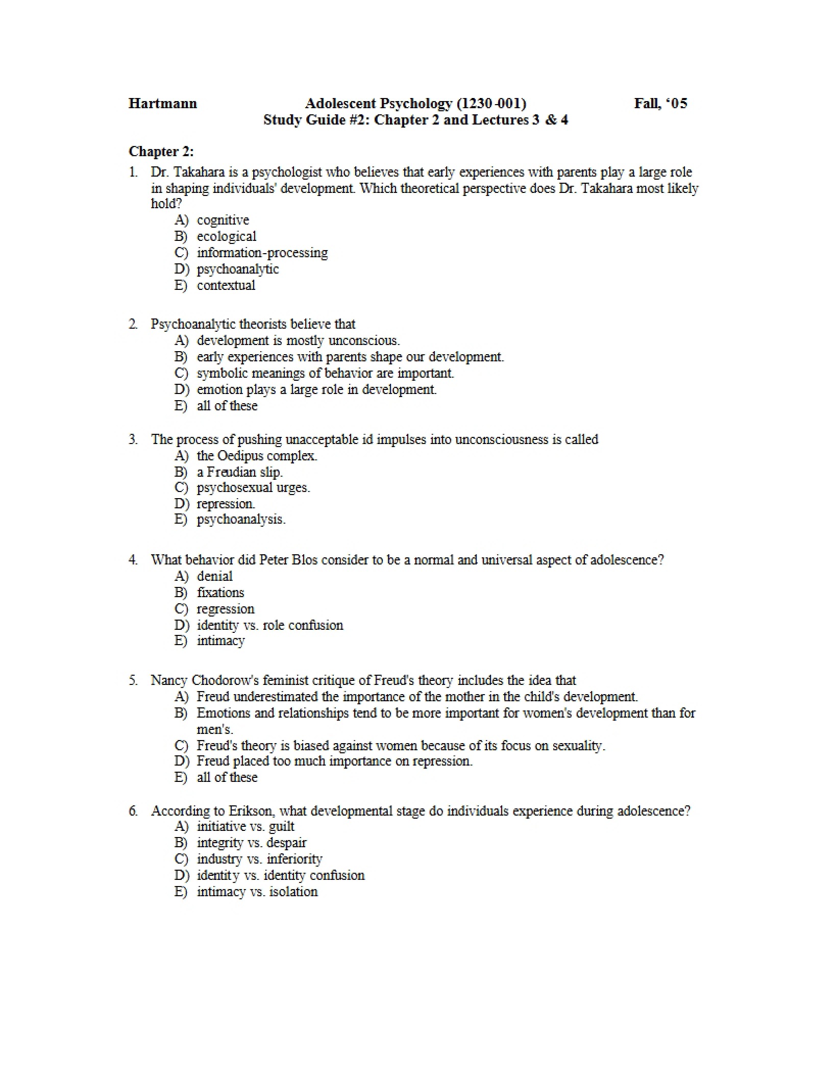 Study Guide Two Adolescent Psychology