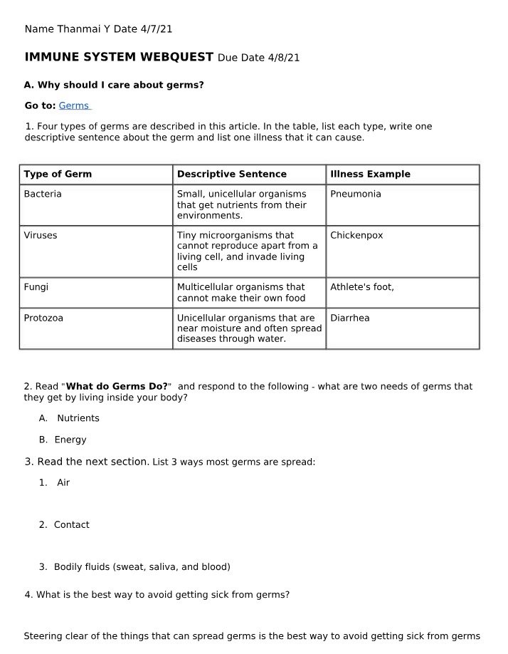 Webquest on the Immune System and Germs
