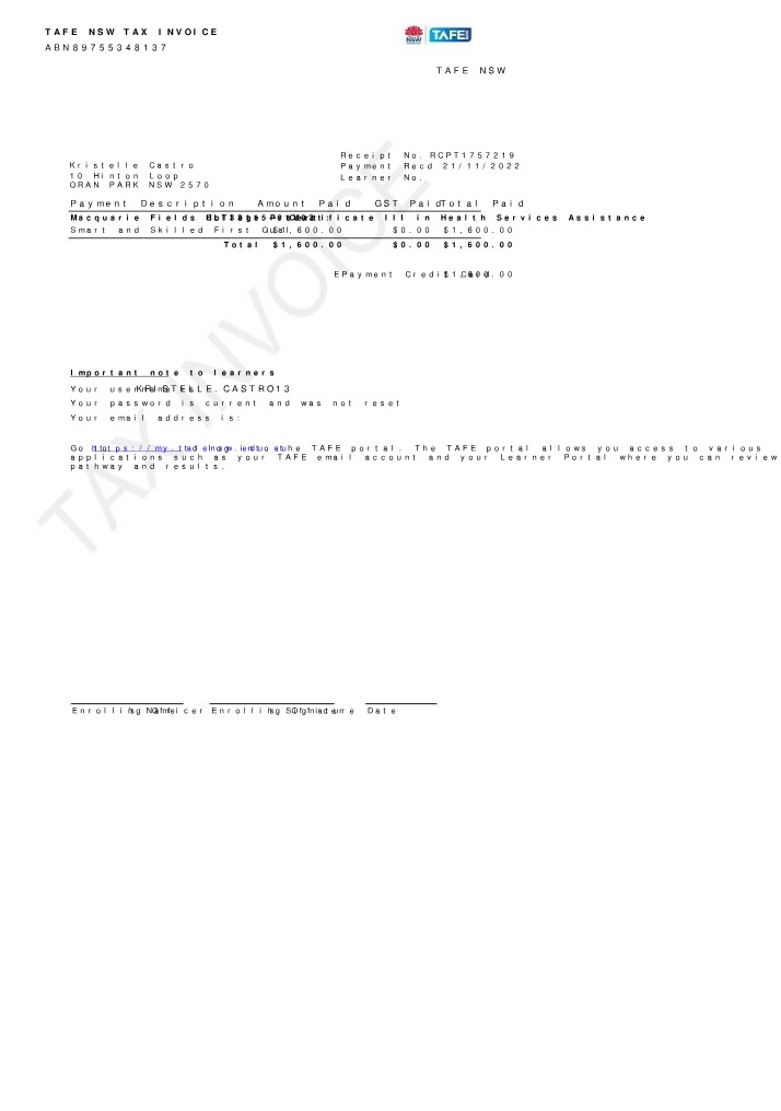 Tax Invoice - Certificate III in Health Services Assistance (HLT33115)
