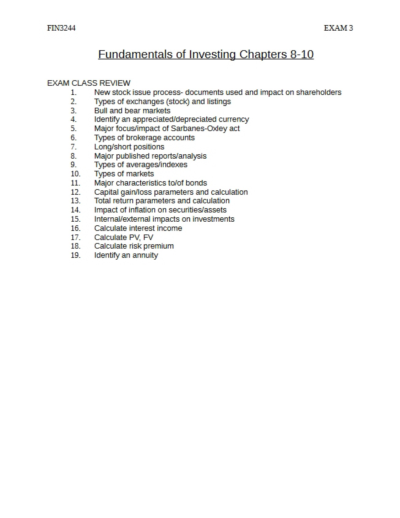 Study Guide for the Financial Institutions Course