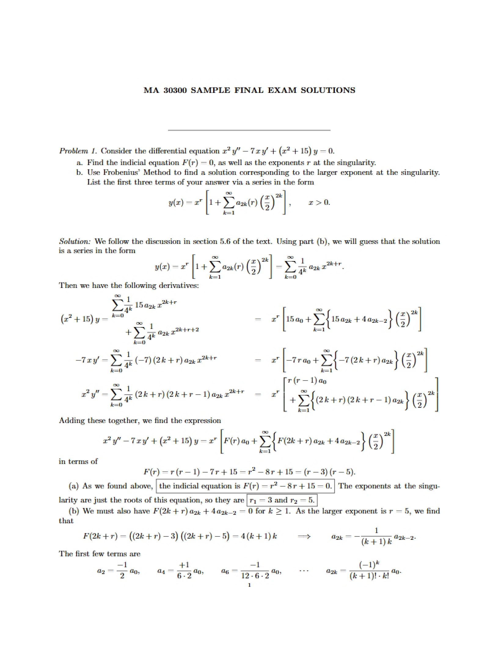 Solutions for Sample Final Fall 2010
