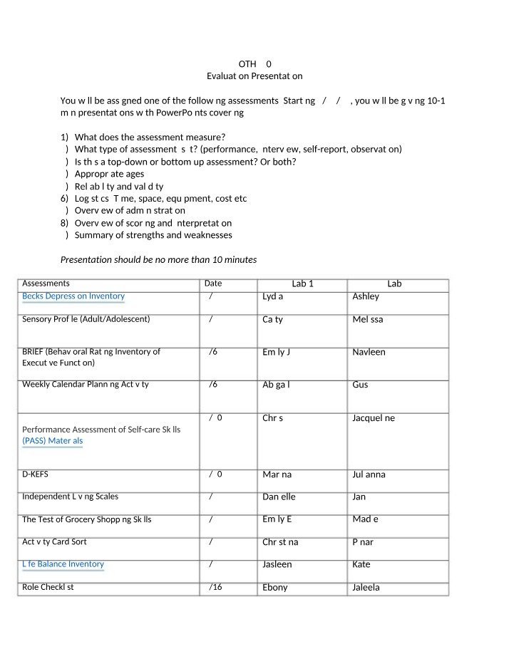 Assessment Presentation for OTH530
