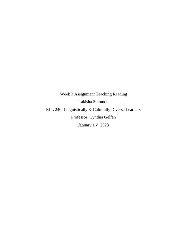 Teaching Reading - Week 3 Assignment
