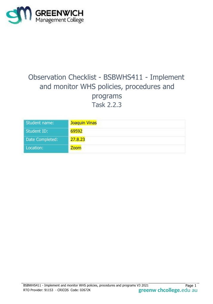 Task 2 Observation Checklist for BSBWHS411
