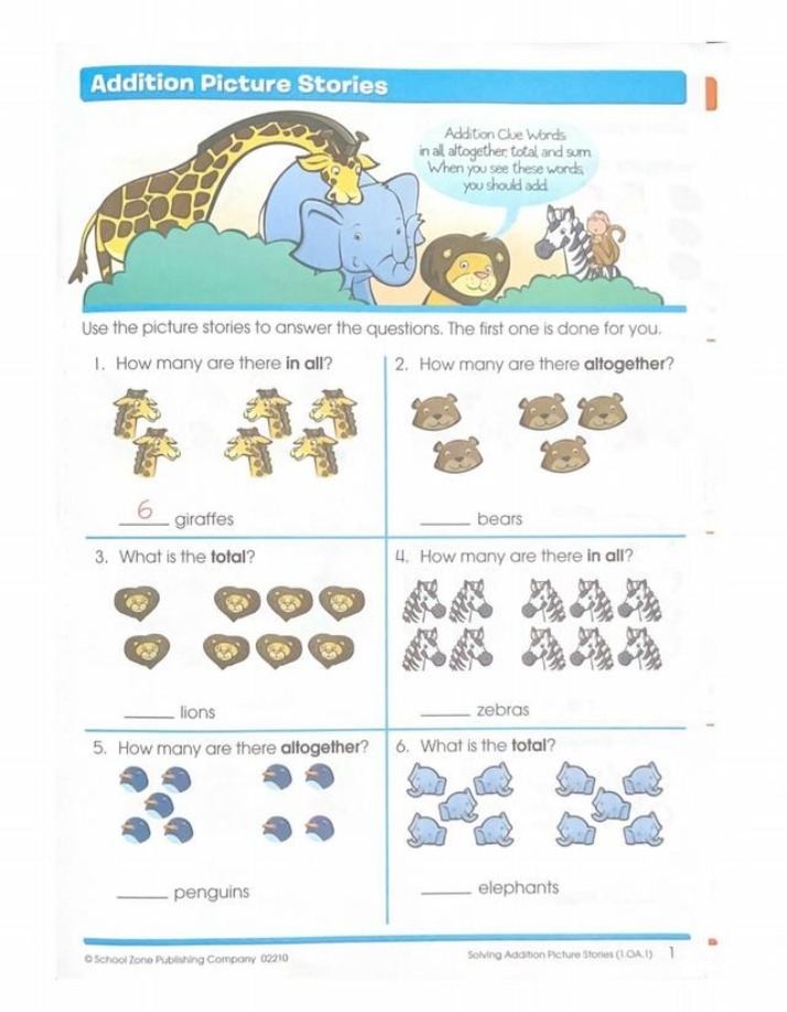 Worksheets for Addition Picture Stories and Facts