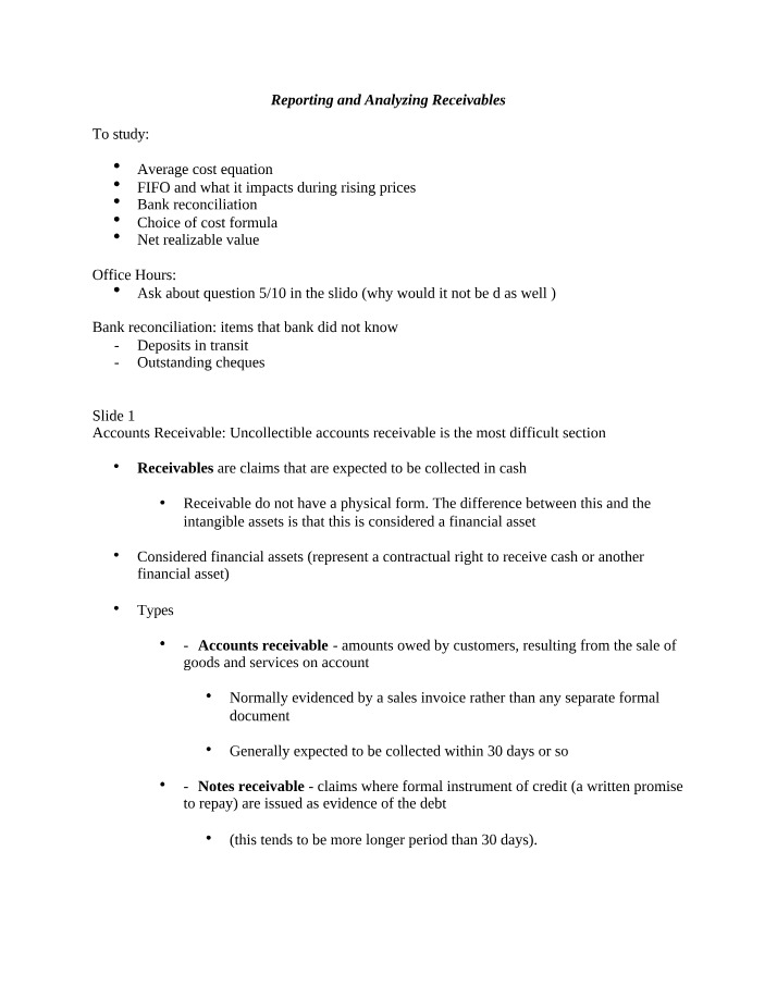 Reporting and Analyzing Receivables - Cost Formulas and Bank Reconciliation