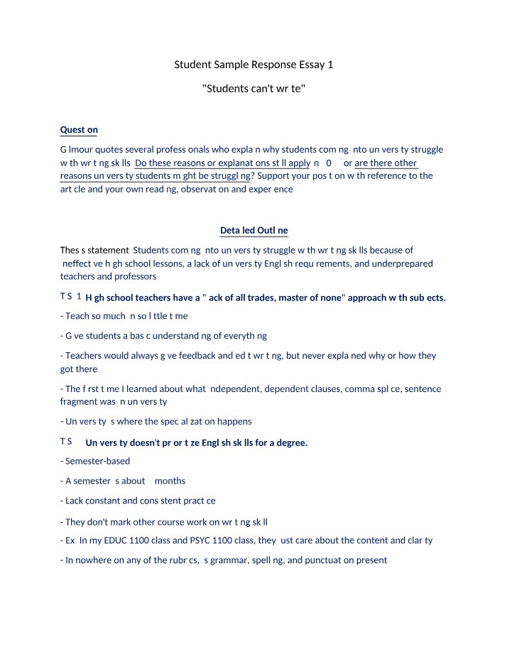 Student Sample Response for Essay 1