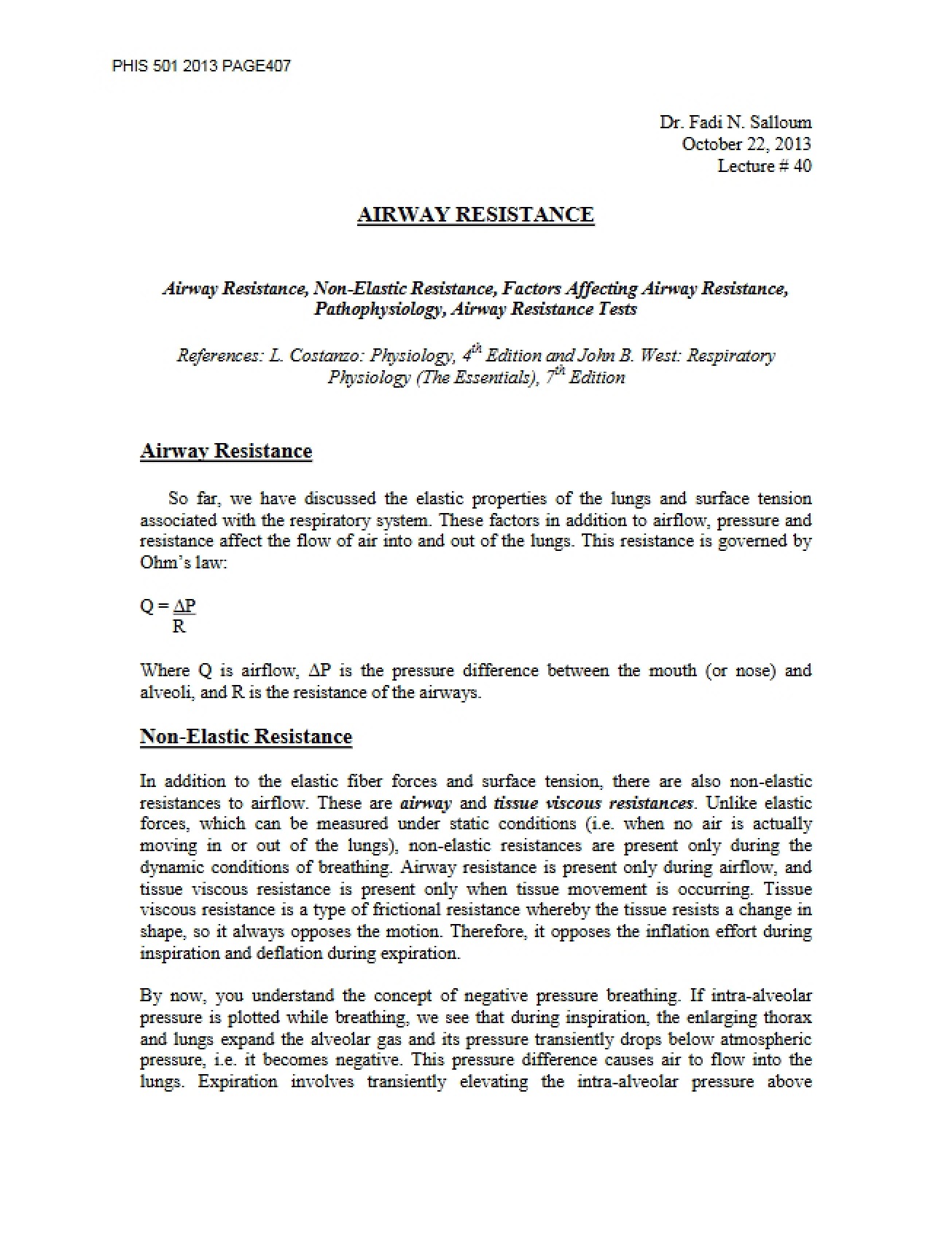 Resistance in Airways (Lecture 40)