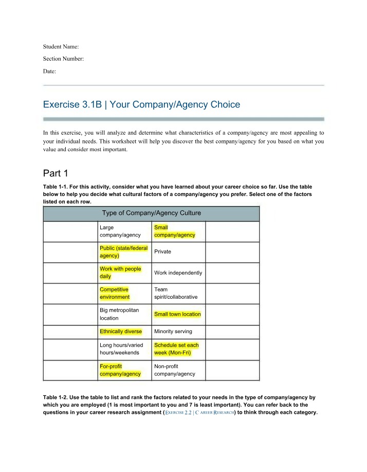 Exercise 3.1B - Agency Choice for Your Company