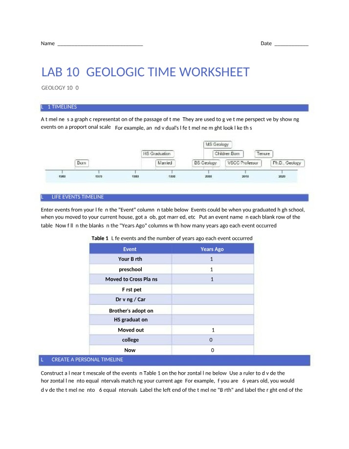 Geologic Time Worksheet for Lab 10