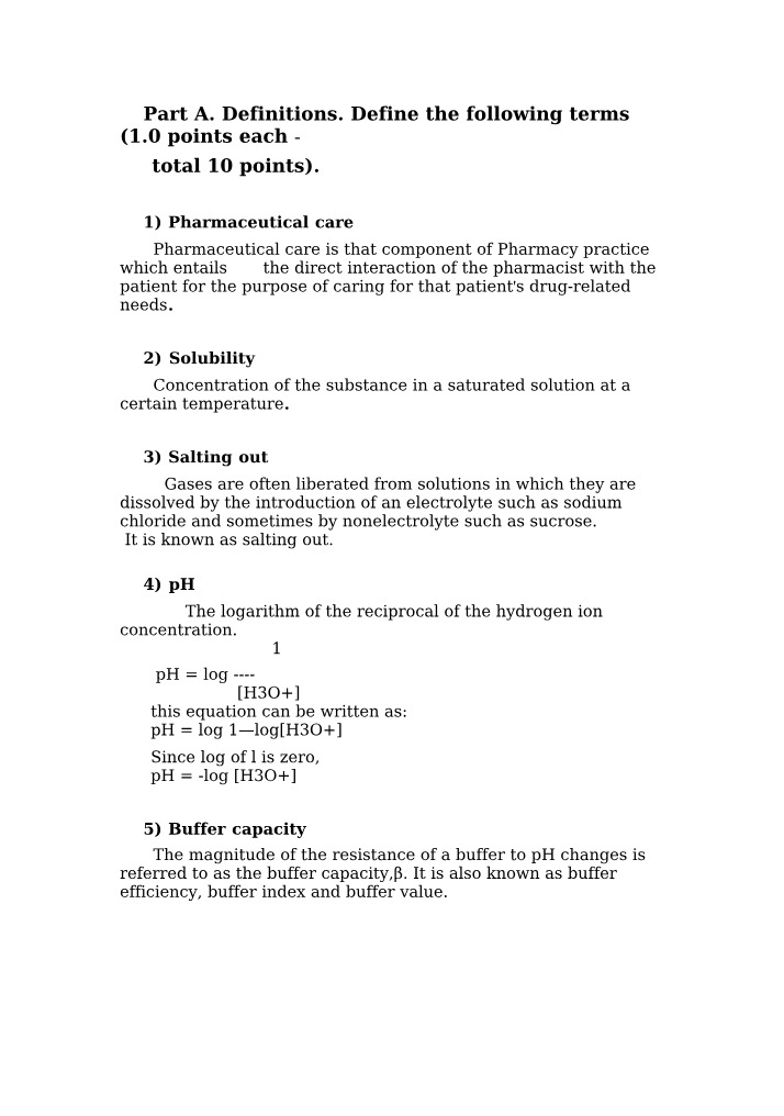 Pharmaceutical Care, Solubility, Salting Out, and pH Definitions