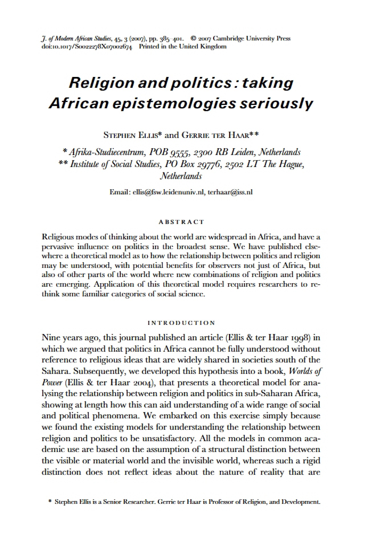 Taking African Epistemologies Seriously - Religion and Politics