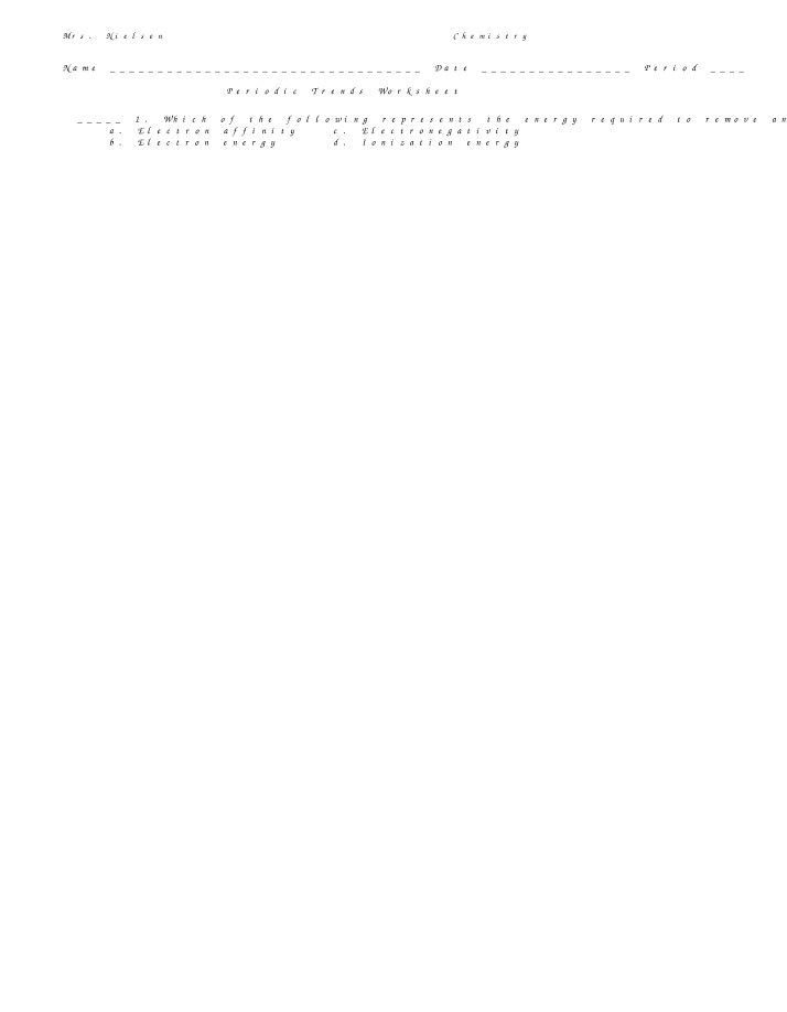 Worksheet on Periodic Trends