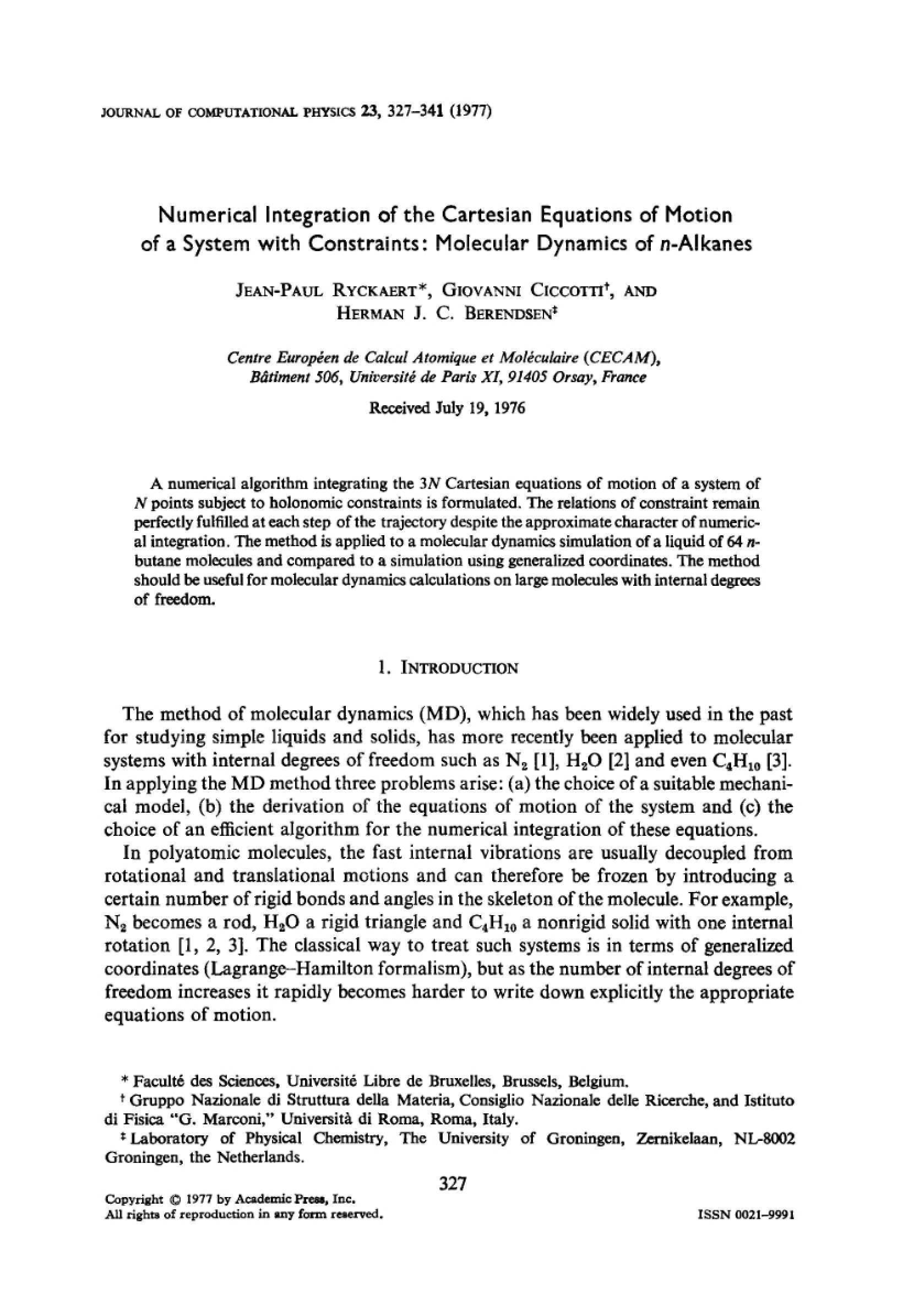 Integrating Cartesian Equations of Motion for Constrained Systems