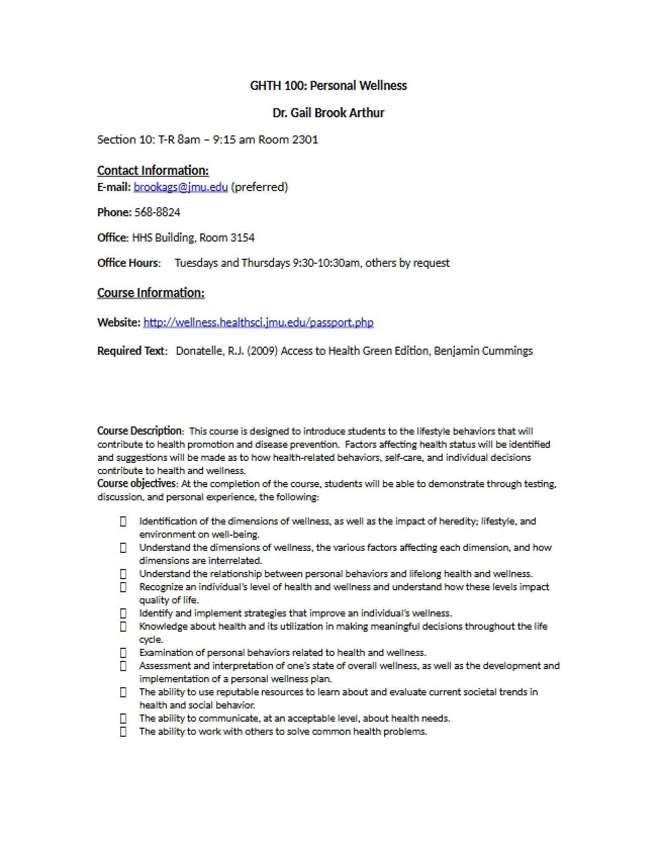 Fall 2009 Syllabus for Personal Wellness