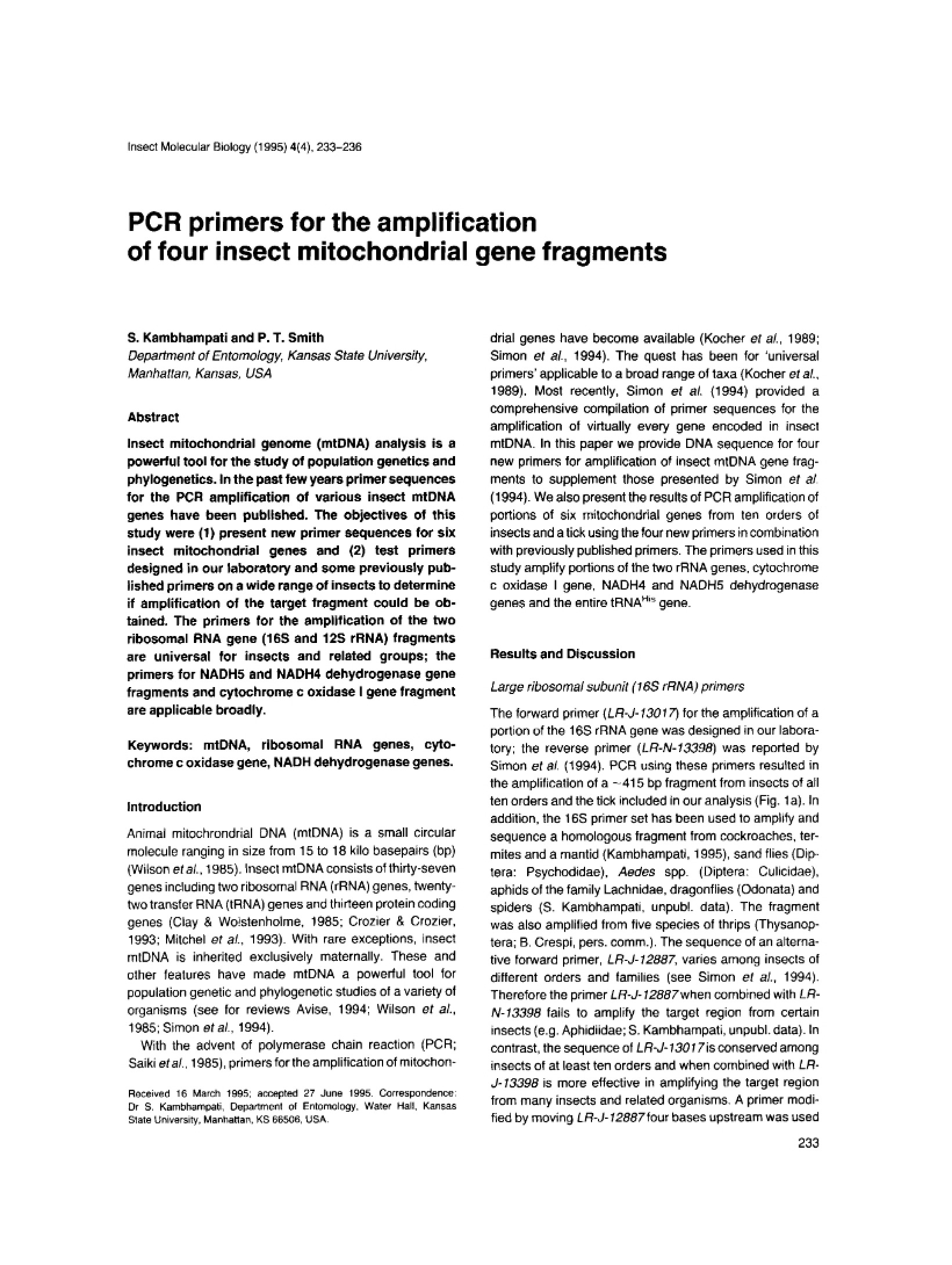 Insect Mitochondrial Gene Amplification PCR Primers