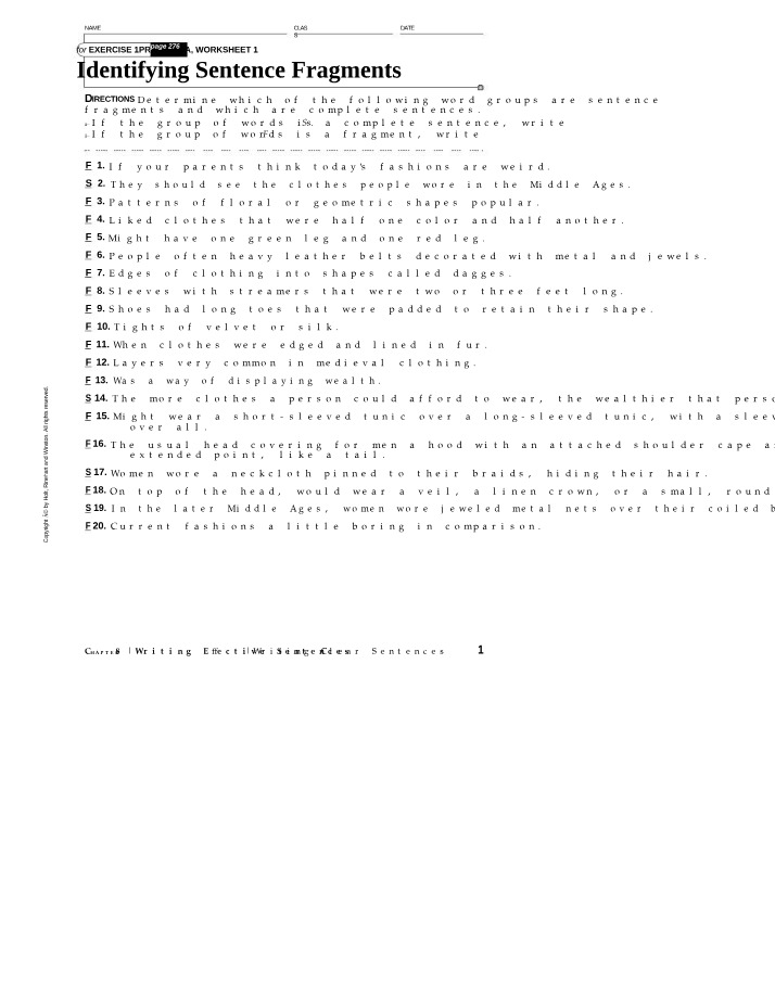 Worksheets for Identifying Sentence Fragments and Revising Run-ons