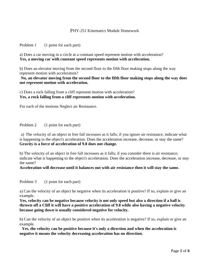 Kinematics Module Homework - PHY 251