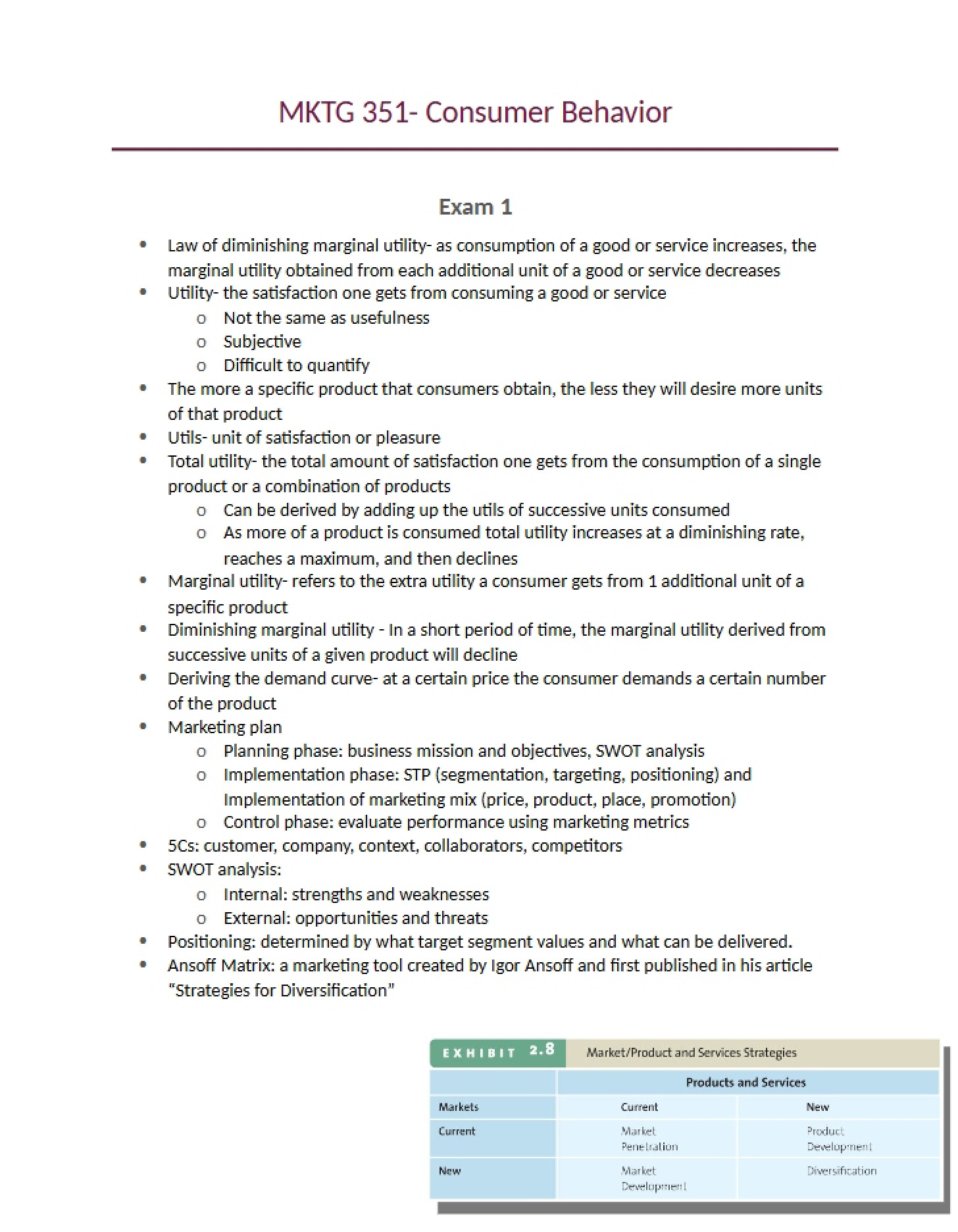 Study Guide for MKTG 351 Exam 1