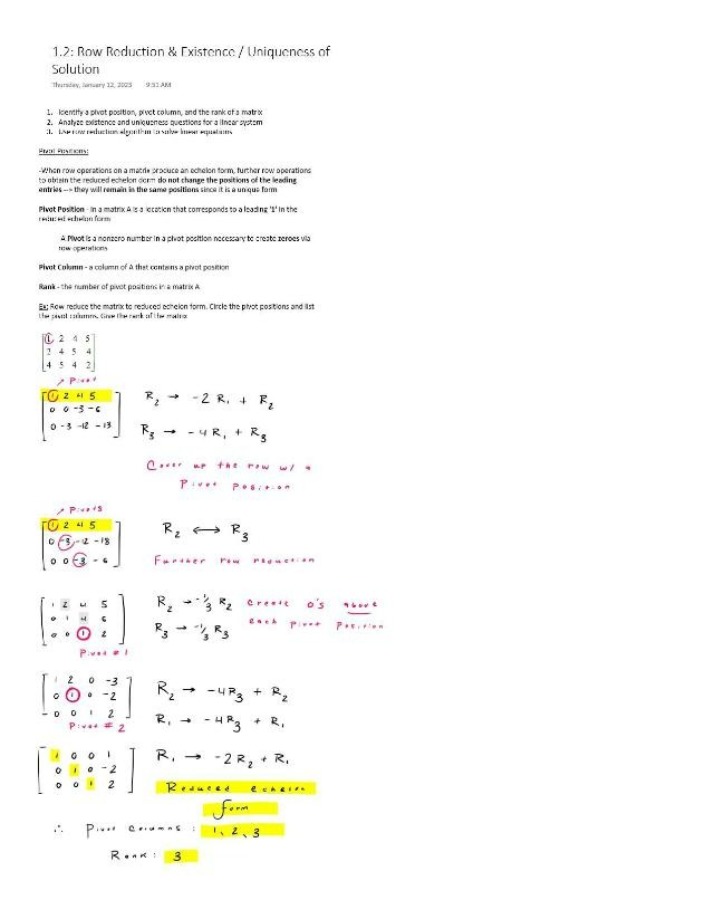 1.2 Row Reduction, Existence, and Uniqueness of Solution