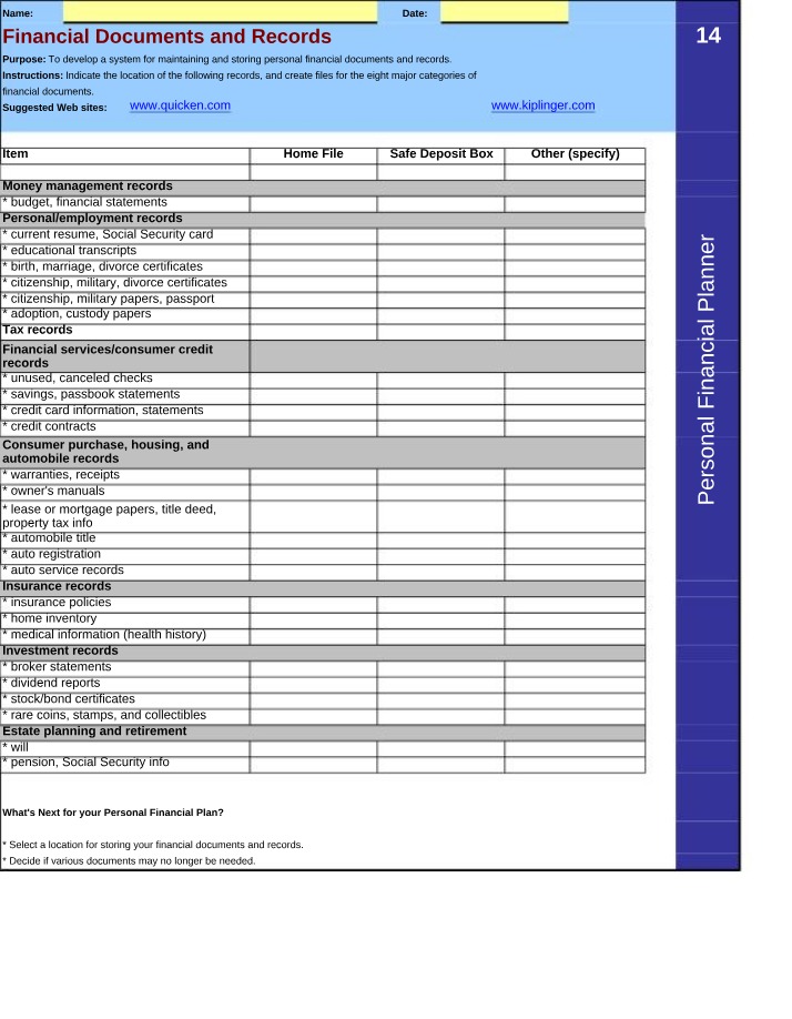 Personal Financial Planning Worksheets